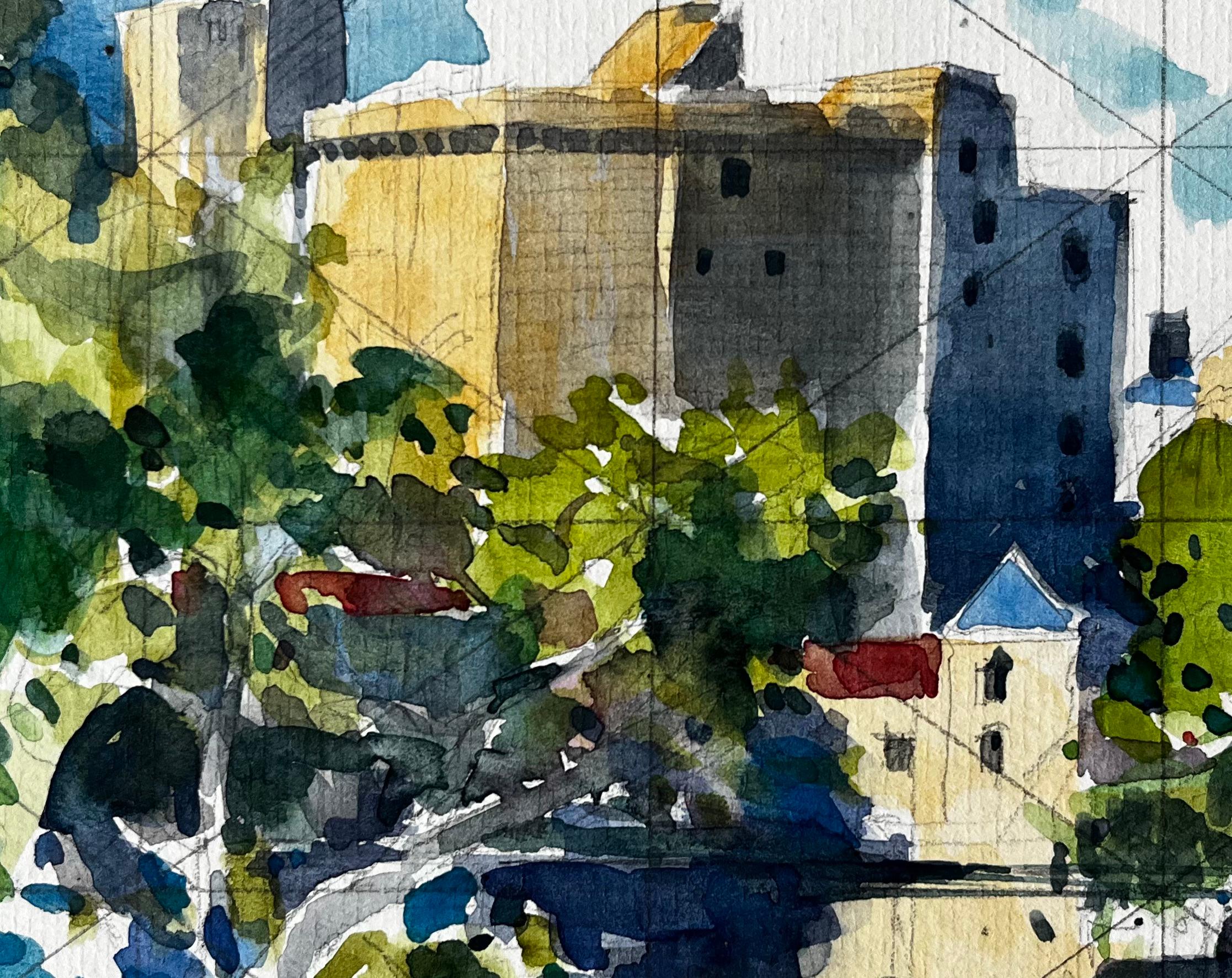 Aquarelle française - paysage urbain de Clisson avec château et reflets en vente 2