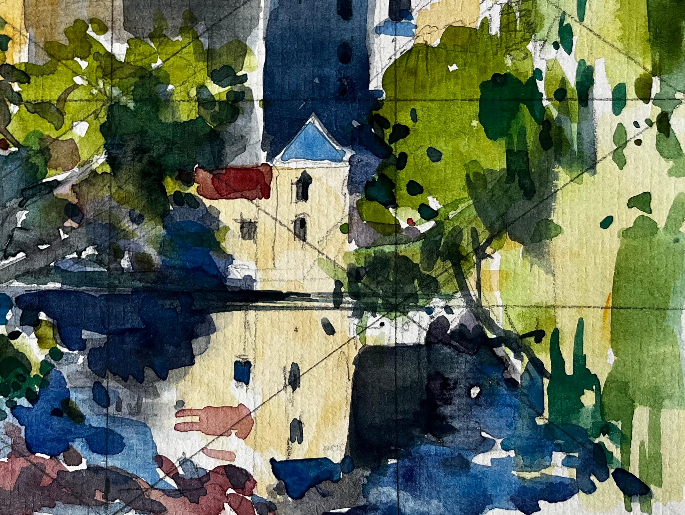 Titre : Peinture à l'aquarelle française : paysage urbain de Clisson avec château et reflets
Artistics : Pierre Neveu (français né en 1929)
Moyen d'expression : Aquarelle sur papier d'artiste, non encadrée
Taille (H x L) : 6,25 x 8,5 pouces
Signé :