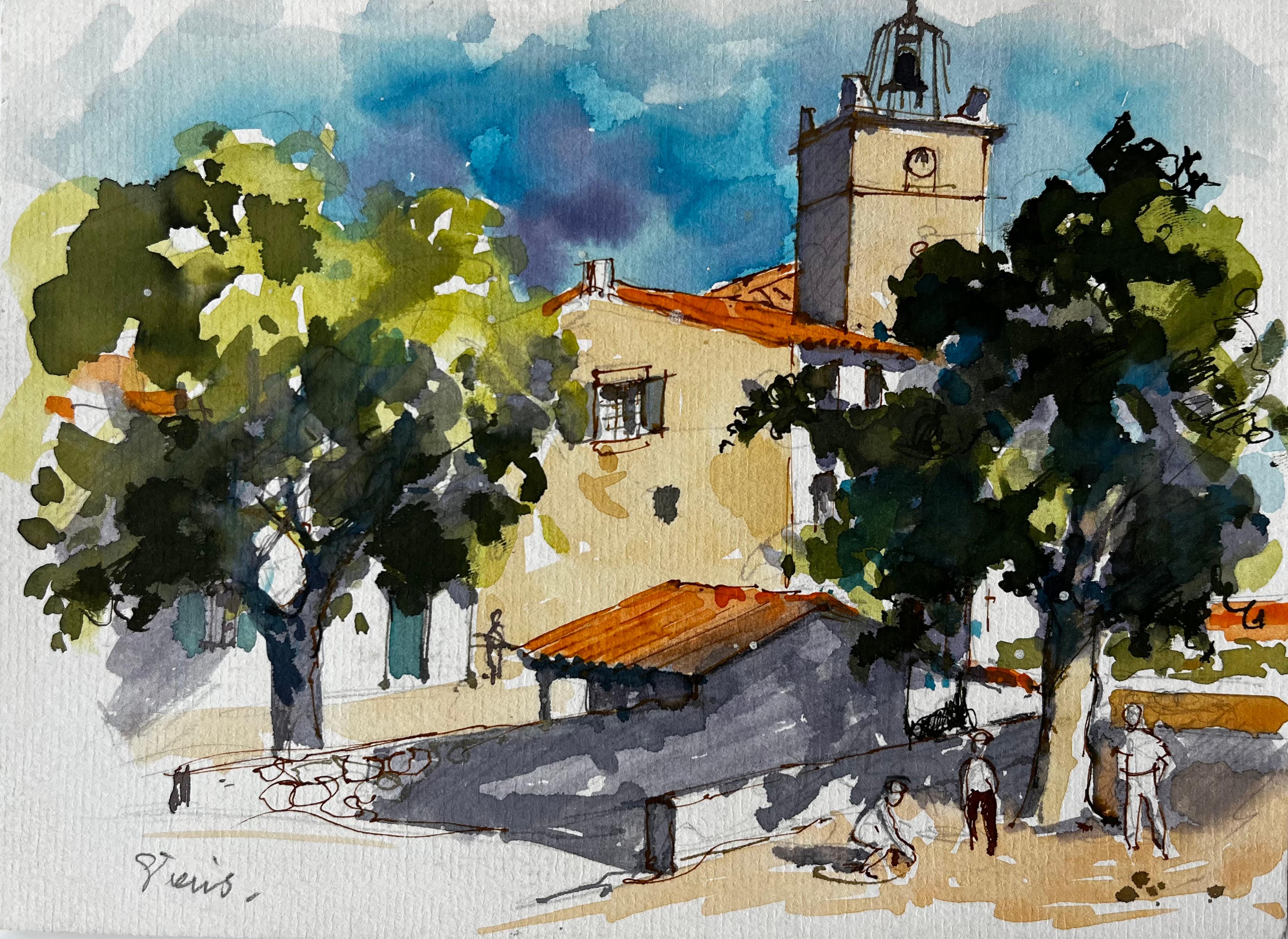 Piazza del villaggio provenzale con campanile e figure Pittura ad acquerello francese