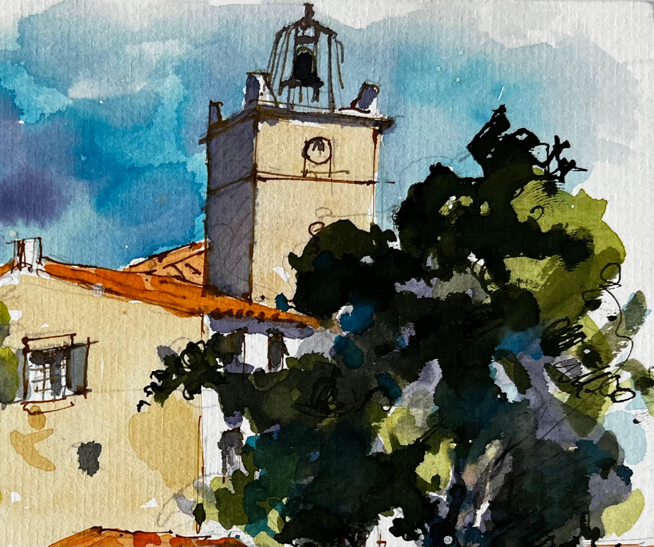 Provenza Plaza de pueblo con campanario y figuras Pintura francesa a la acuarela - Art Posimpresionista de Pierre Neveu