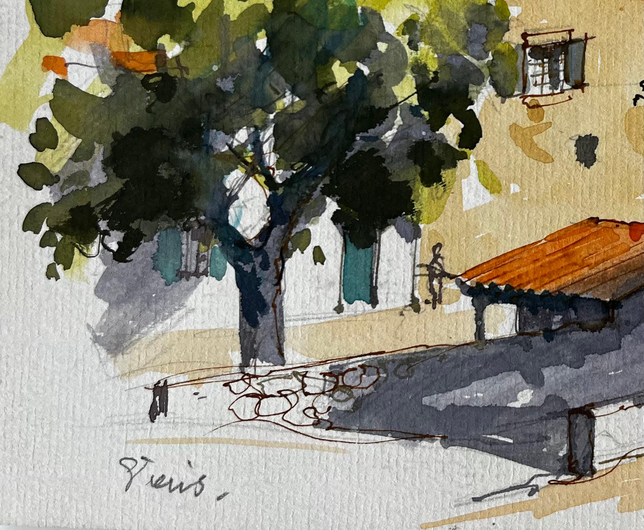 Provenza Plaza de pueblo con campanario y figuras Pintura francesa a la acuarela en venta 1