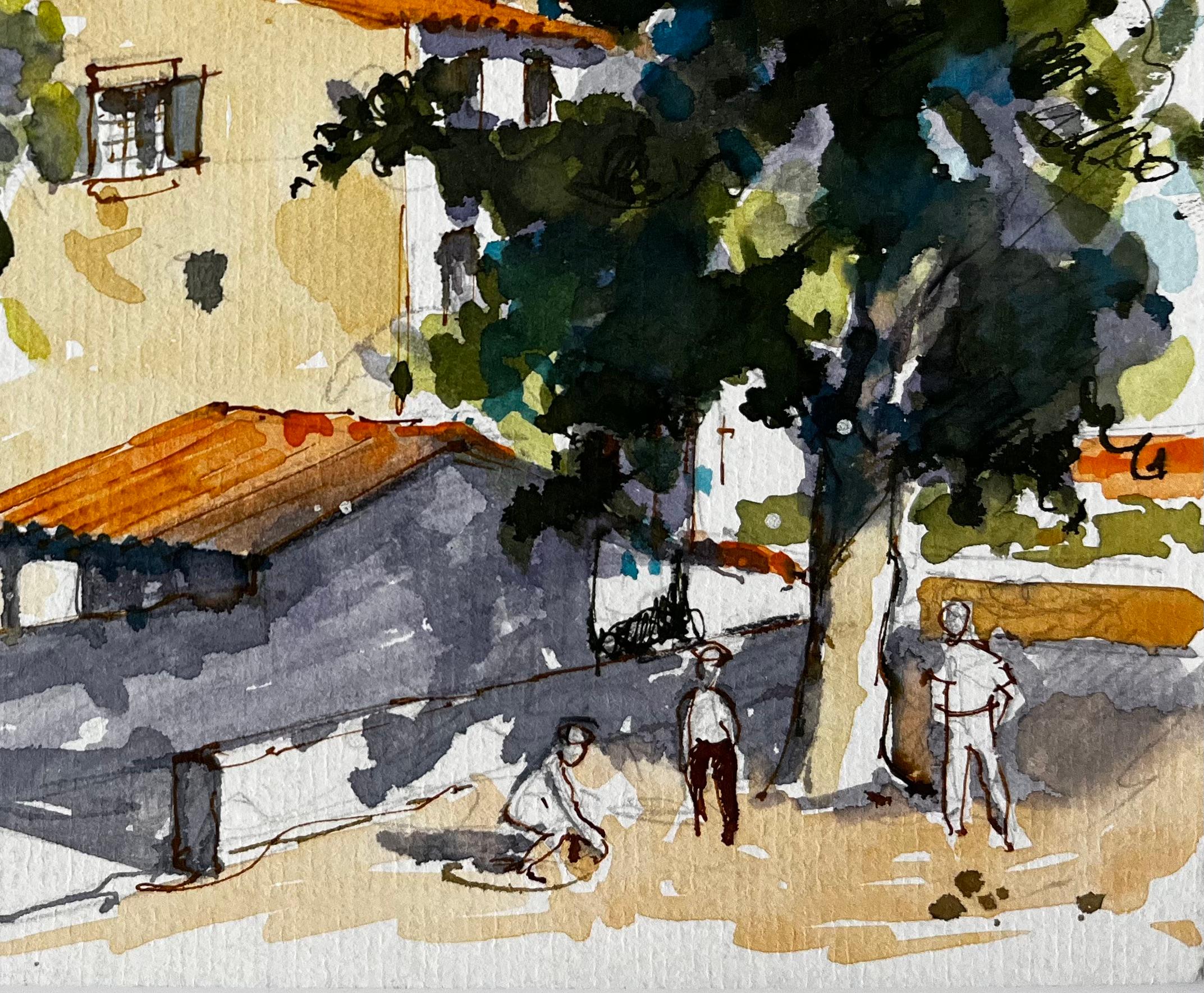 Provenza Plaza de pueblo con campanario y figuras Pintura francesa a la acuarela - Landscape Art Negro de Pierre Neveu