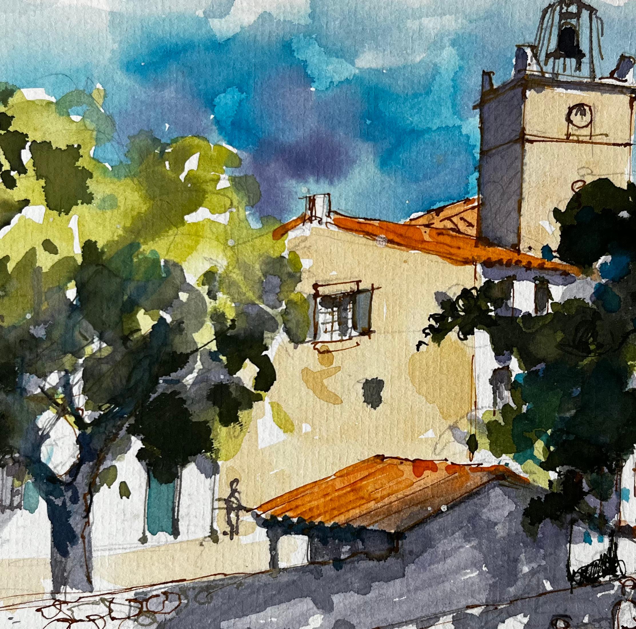 Provenza Plaza de pueblo con campanario y figuras Pintura francesa a la acuarela en venta 2