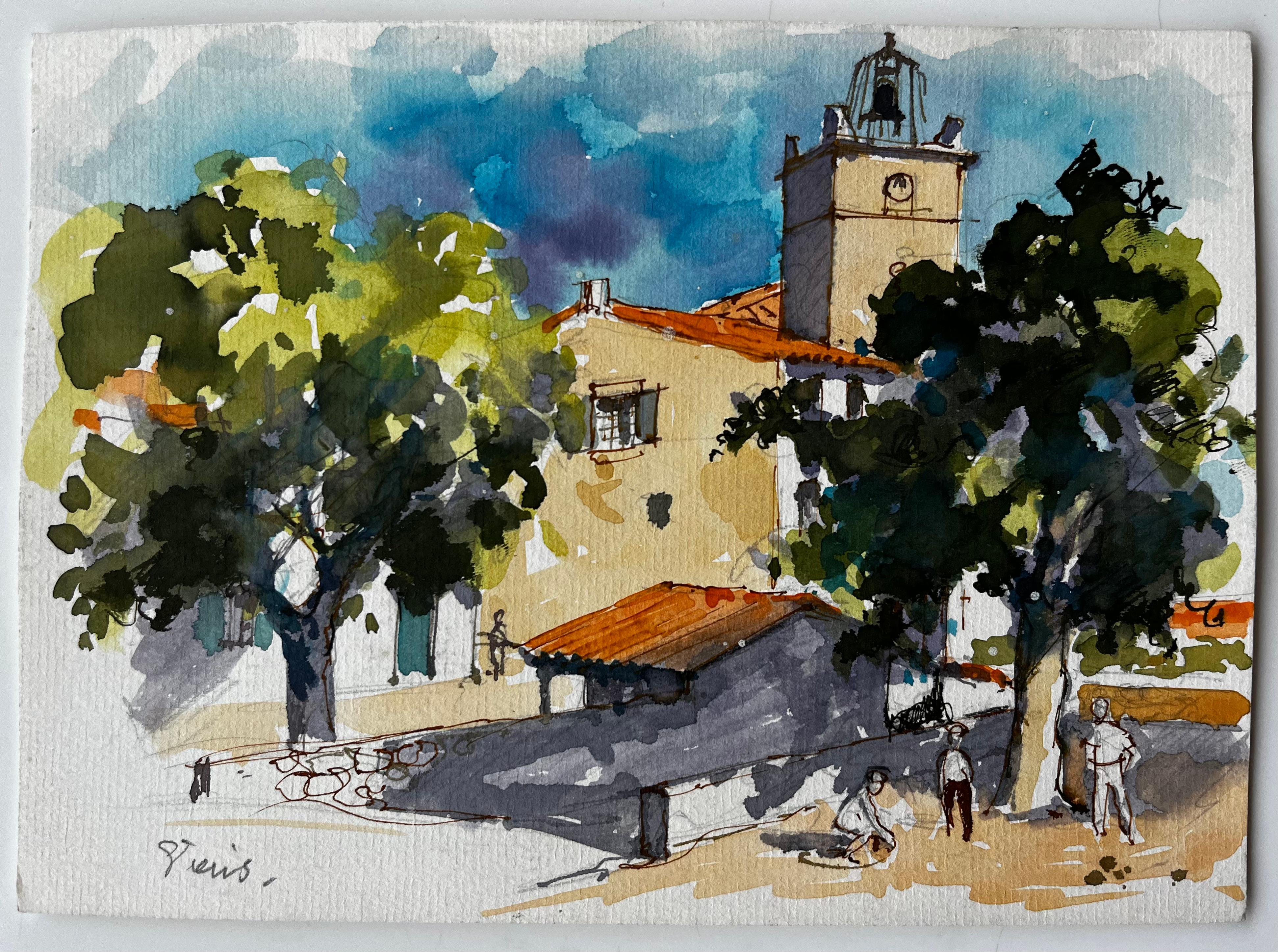 Provenza Plaza de pueblo con campanario y figuras Pintura francesa a la acuarela - Art de Pierre Neveu
