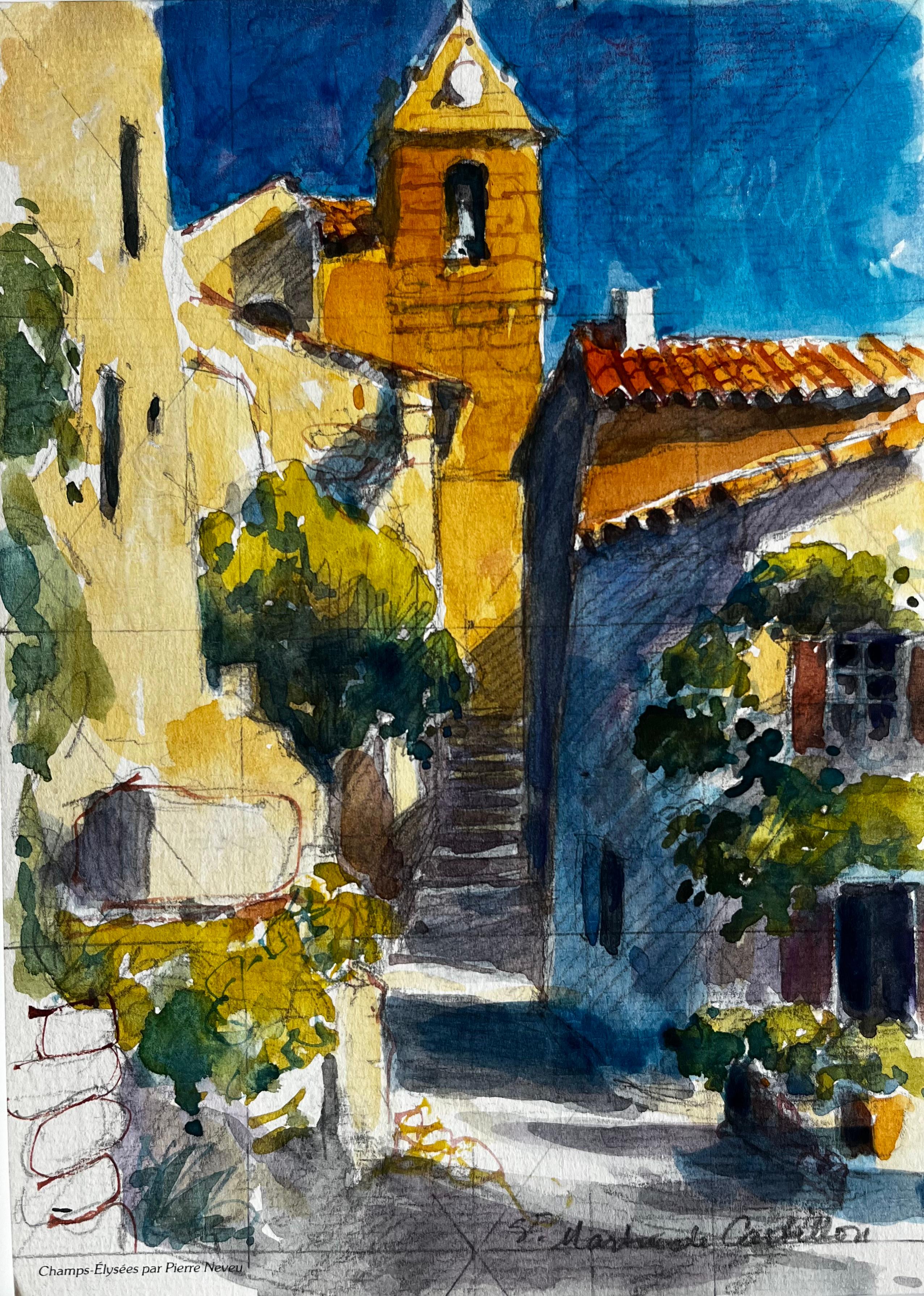 Saint Marthe de Castillon Village Street with Bell Tower French Watercolour