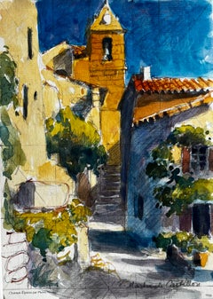 Saint Marthe de Castillon Village Street with Bell Tower French Watercolour