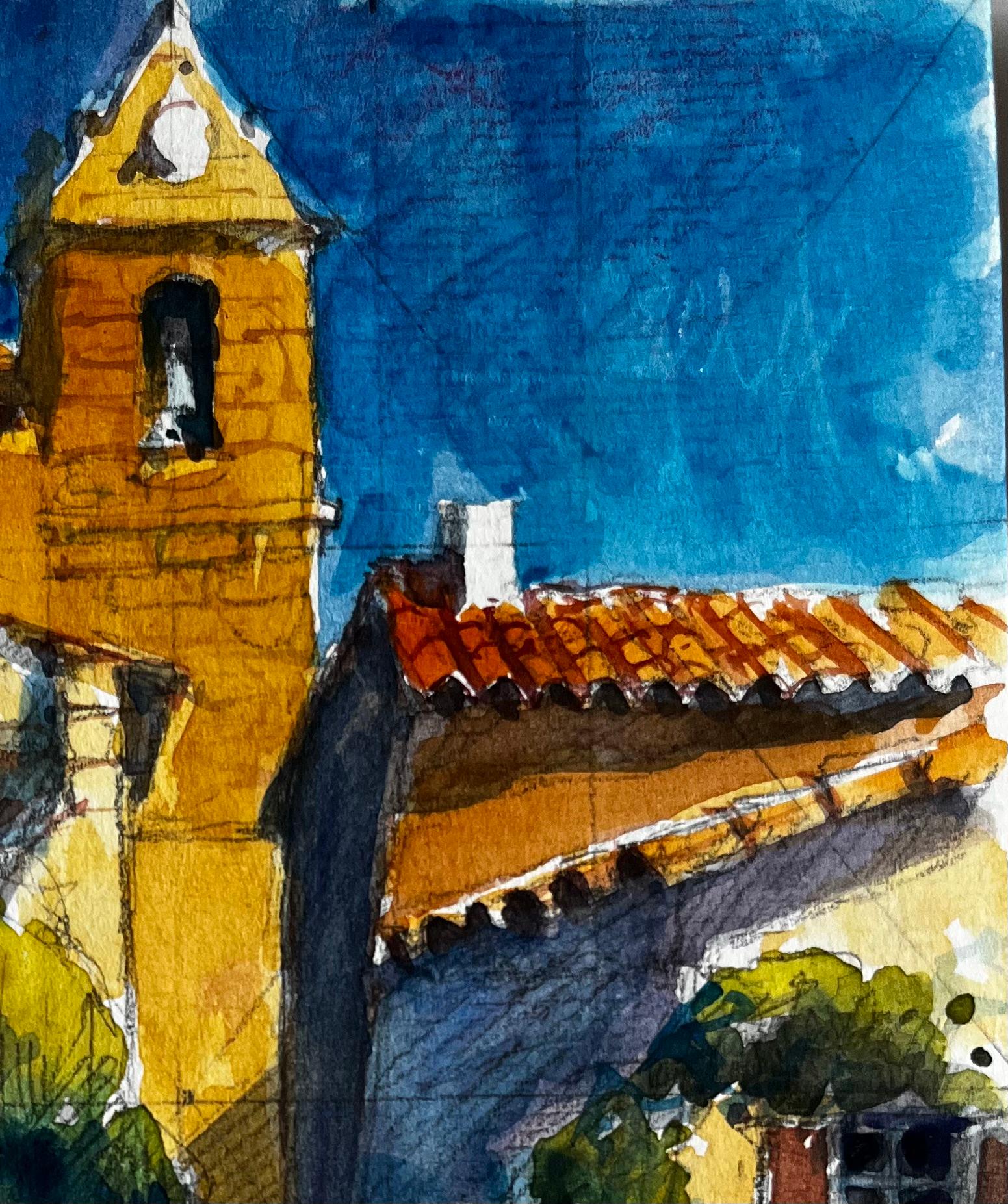 Saint Marthe de Castillon Rue du village avec clocher Aquarelle française - Noir Landscape Art par Pierre Neveu