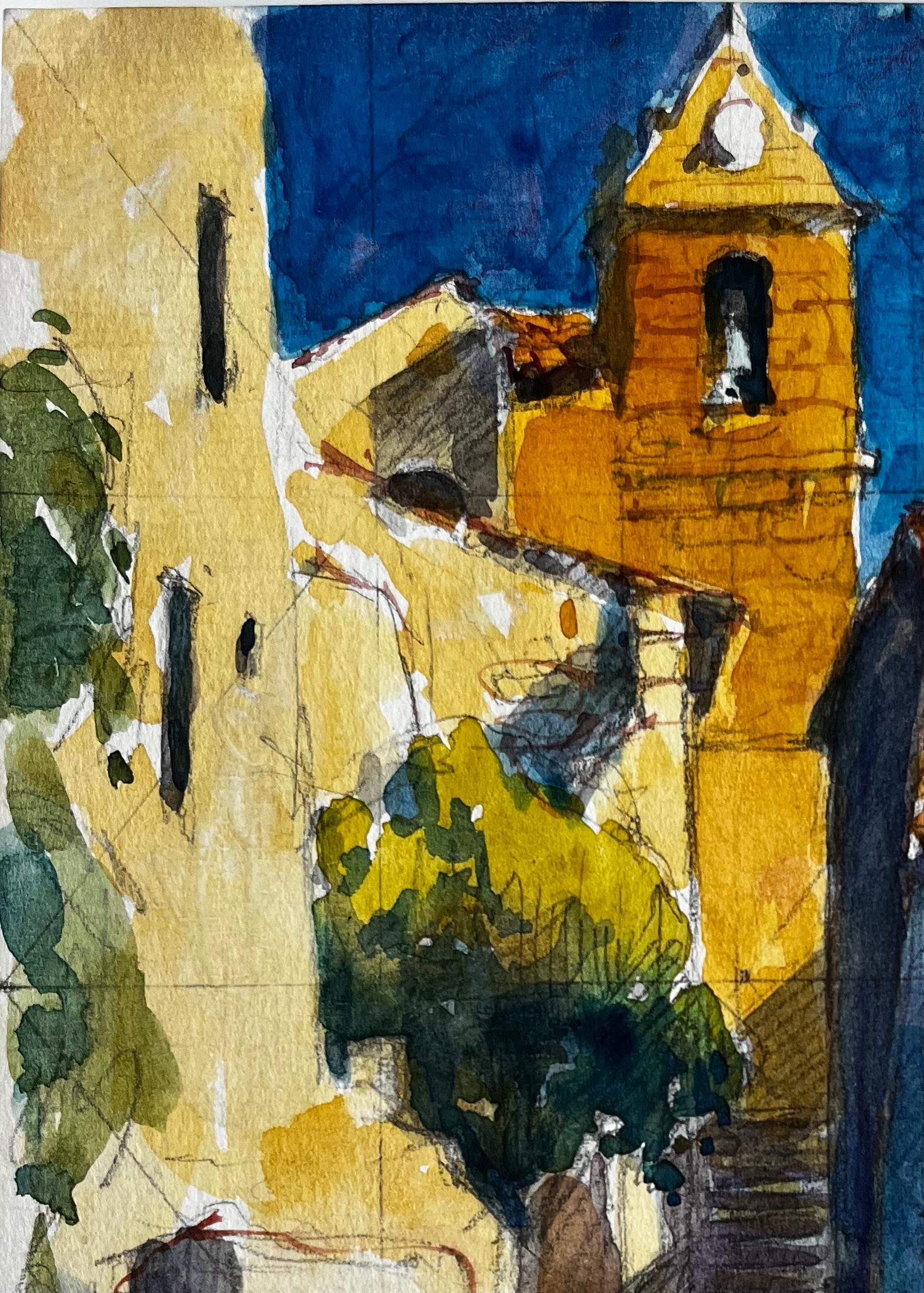 Saint Marthe de Castillon Rue du village avec clocher Aquarelle française - Post-impressionnisme Art par Pierre Neveu