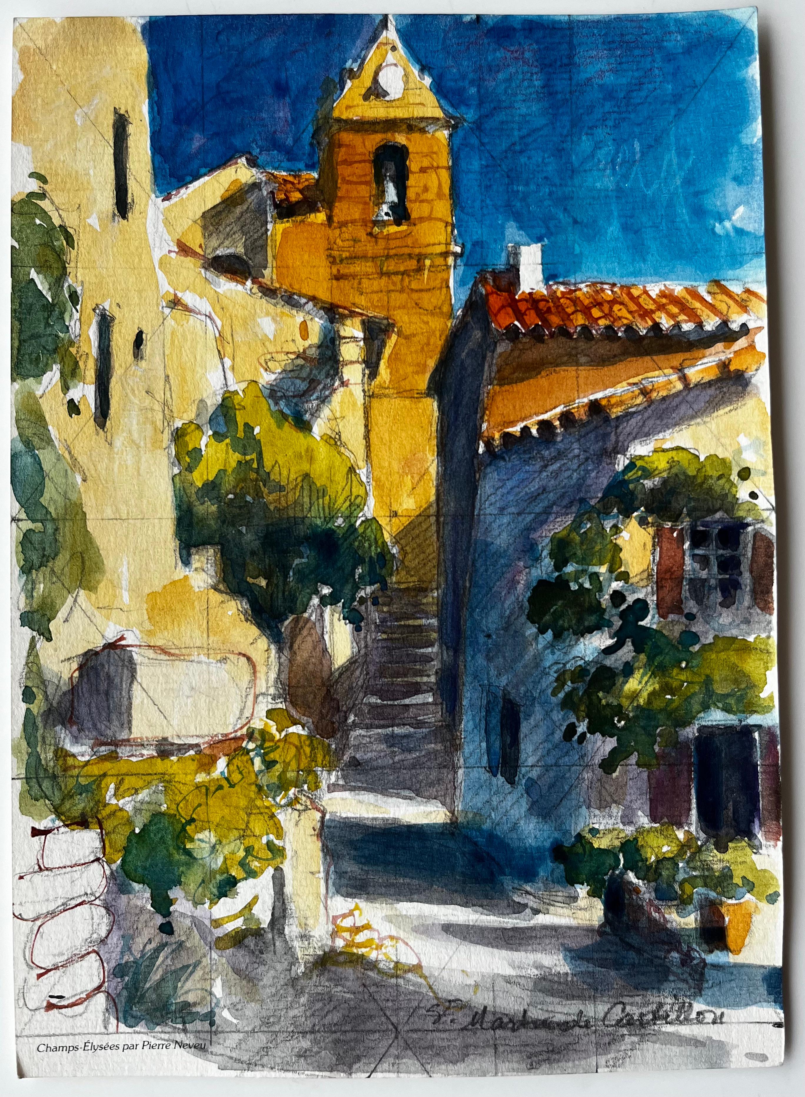 Saint Marthe de Castillon Rue du village avec clocher Aquarelle française - Art de Pierre Neveu