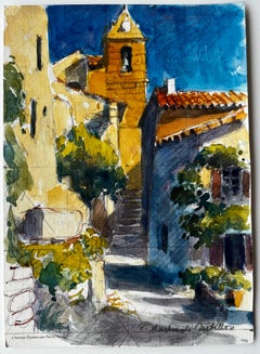 Saint Marthe de Castillon Dorfstraße mit Glockenturm Französisches Aquarell