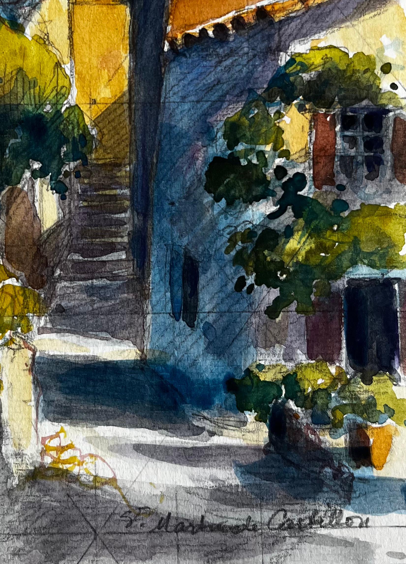 Titre : Saint Marthe de Castillon Rue du village avec le clocher Aquarelle française
Artistics : Pierre Neveu (français né en 1929)
Moyen d'expression : Aquarelle sur papier d'artiste, non encadrée
Taille (H x L) : 8.5 x 6.25 pouces
Signé : inscrit