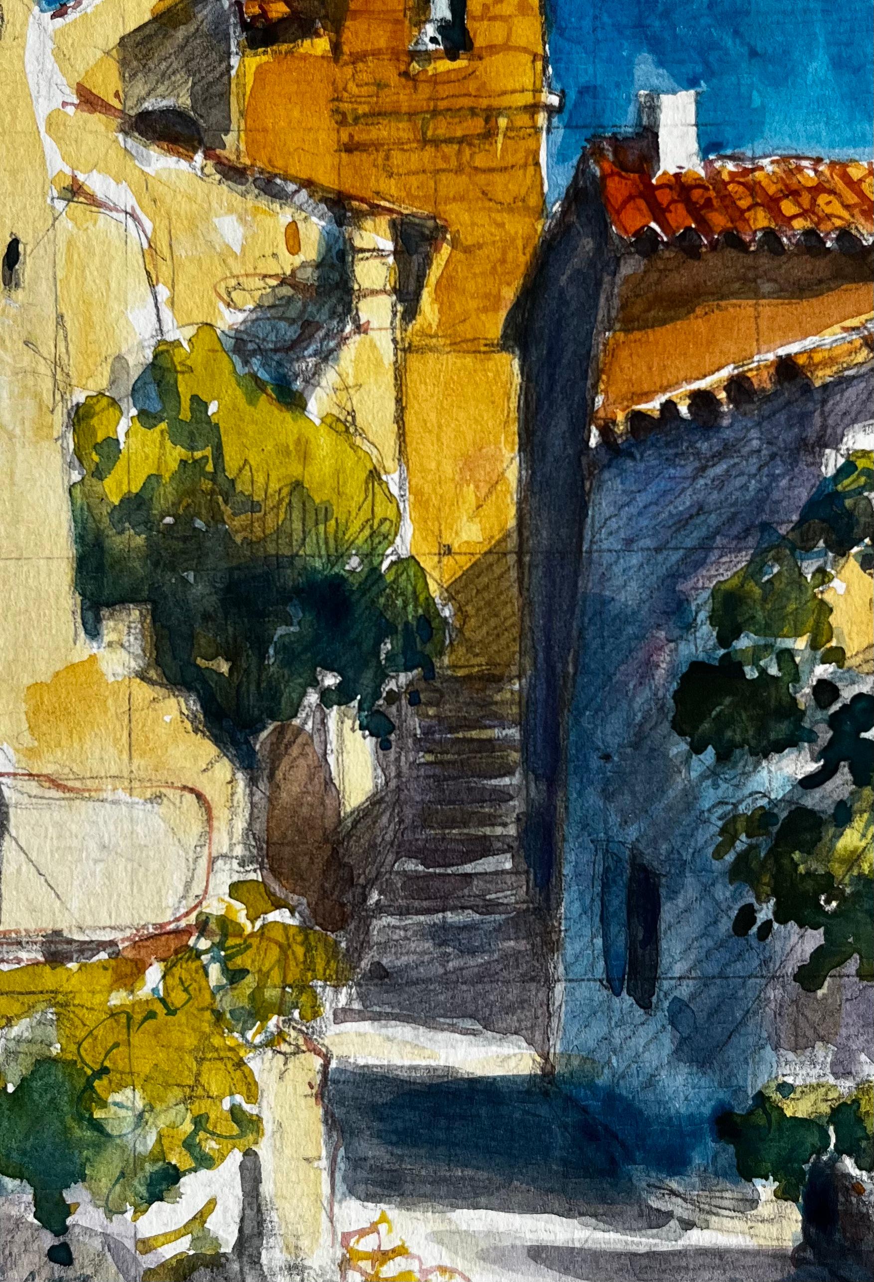 Saint Marthe de Castillon Rue du village avec clocher Aquarelle française en vente 2