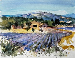 Provence Lavender Fields with Stone Farmhouse and Hills French Watercolour