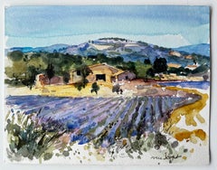 Provenza Campi di lavanda con fattoria di pietra e colline Acquerello francese