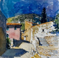 Rustrel Village Street with Stone Steps and Colourful Houses French Watercolour