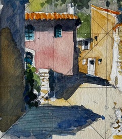 Dorfstraße von Rustrel mit Steintreppen und bunten Häusern Französisches Aquarell