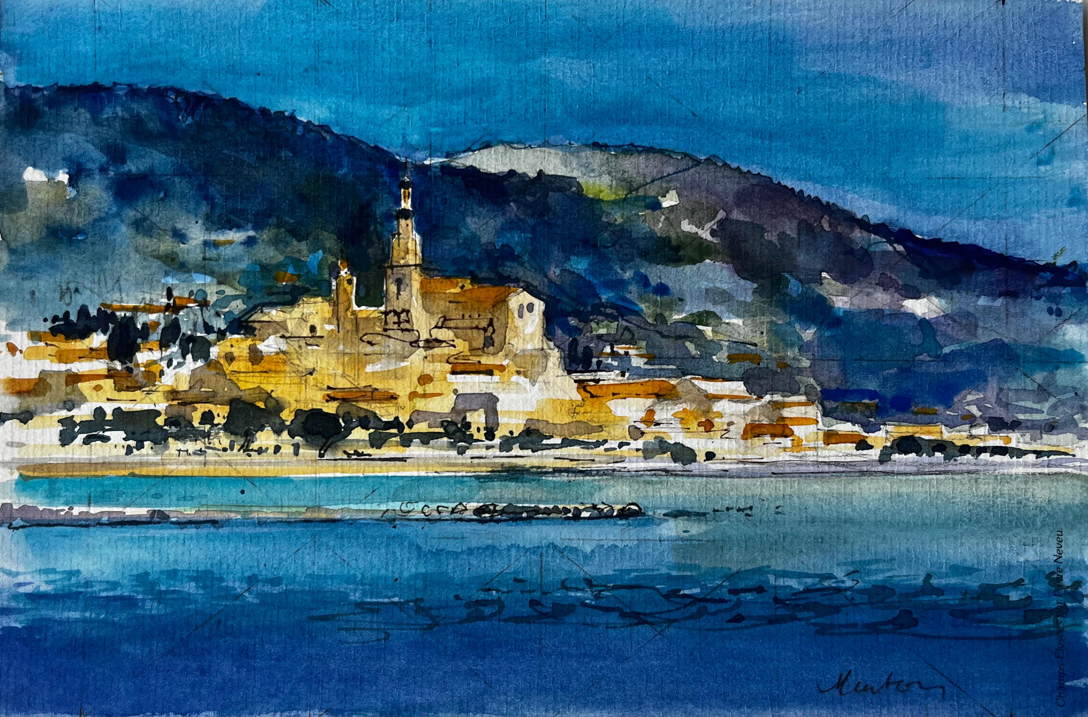 Menton Coastal Townscape with Church Tower and Mediterranean Sea Watercolour