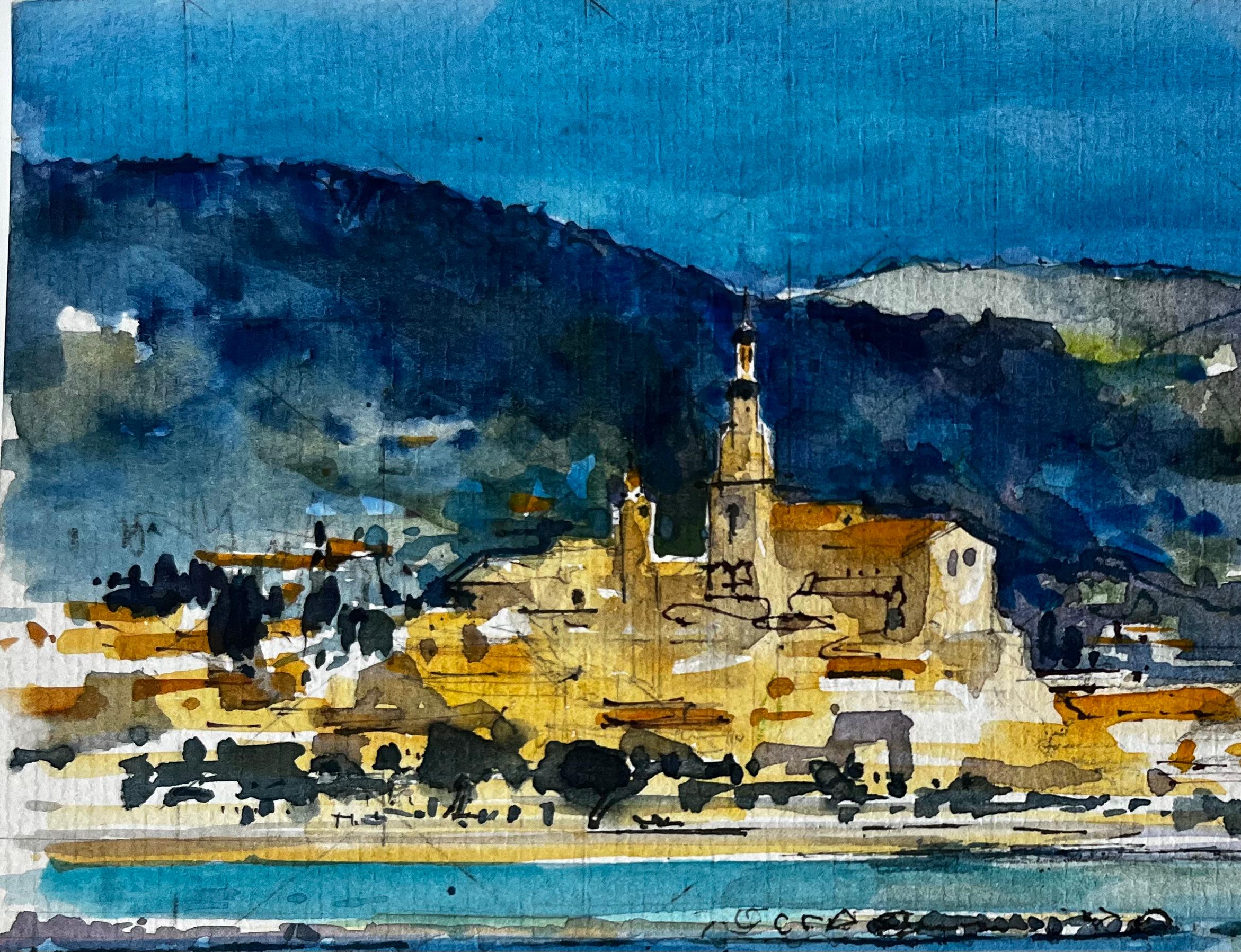 Paysage côtier de Menton avec le clocher de l'église et la mer Méditerranée Aquarelle - Post-impressionnisme Art par Pierre Neveu