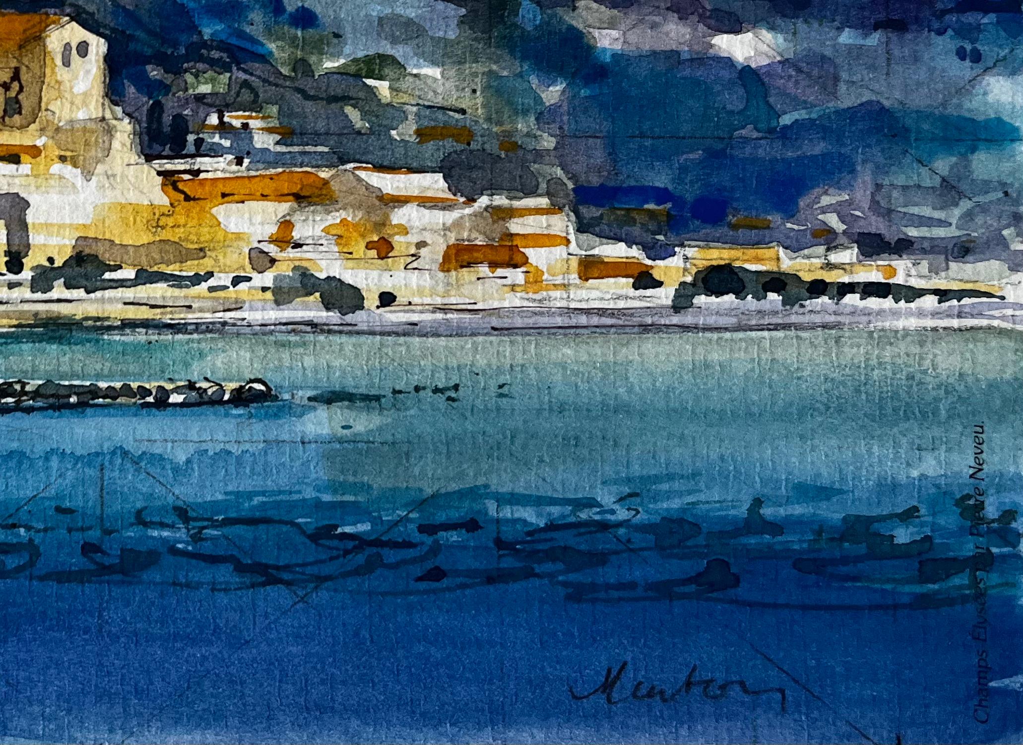 Paysage côtier de Menton avec le clocher de l'église et la mer Méditerranée Aquarelle en vente 1