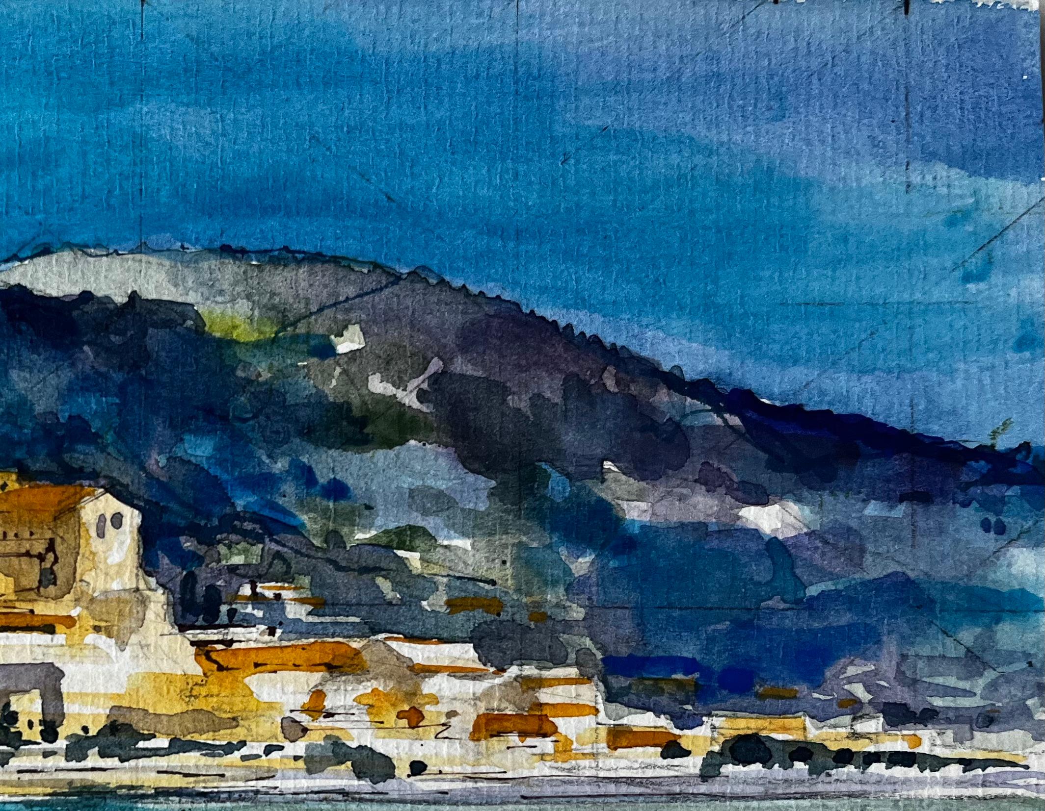 Paysage côtier de Menton avec le clocher de l'église et la mer Méditerranée Aquarelle - Bleu Landscape Art par Pierre Neveu