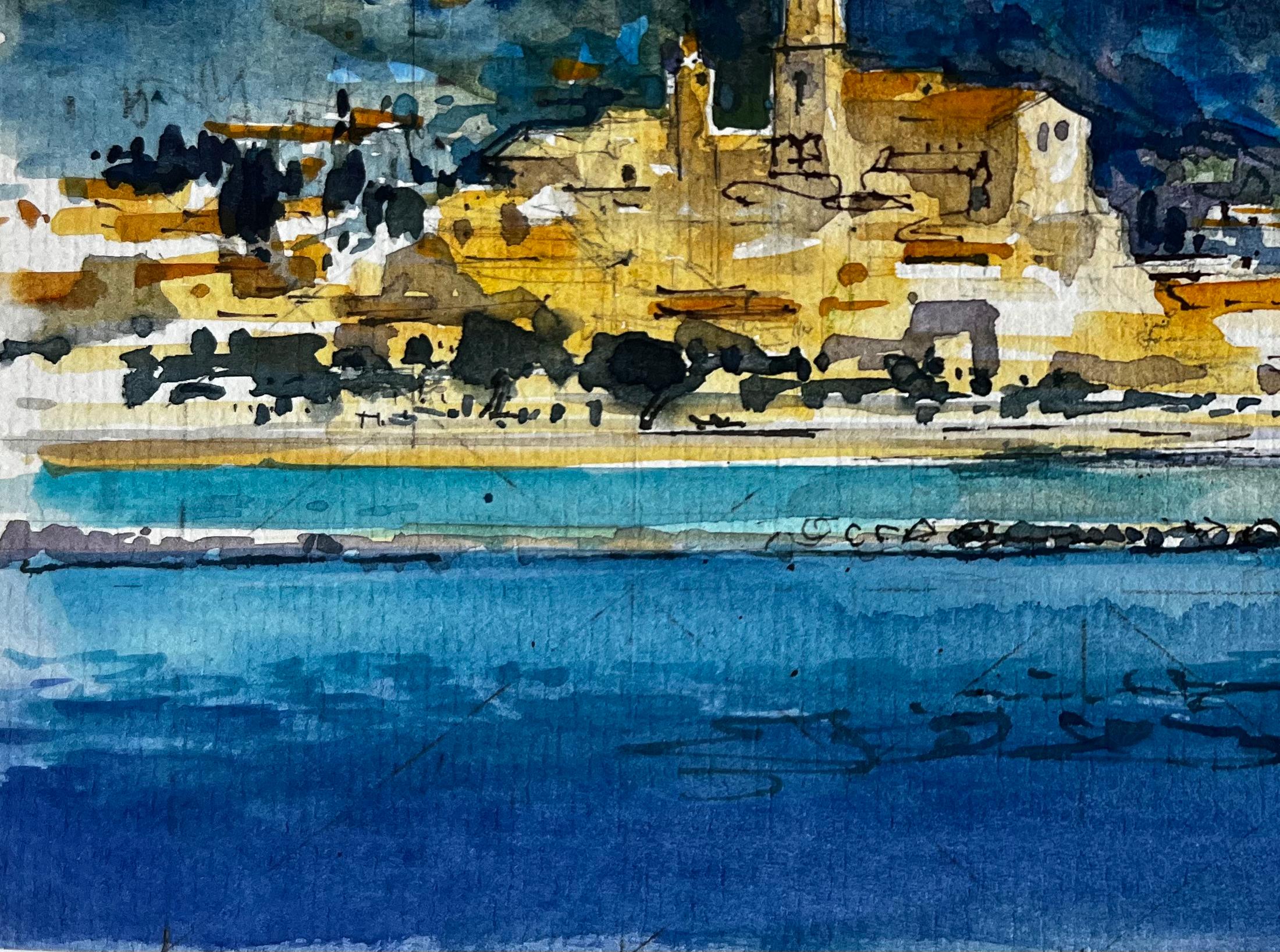 Titre : Paysage urbain côtier de Menton avec le clocher de l'église et la mer Méditerranée Aquarelle
Artistics : Pierre Neveu (français né en 1929)
Moyen d'expression : Aquarelle sur papier d'artiste, non encadrée
Taille (H x L) : 5.75 x 8.5