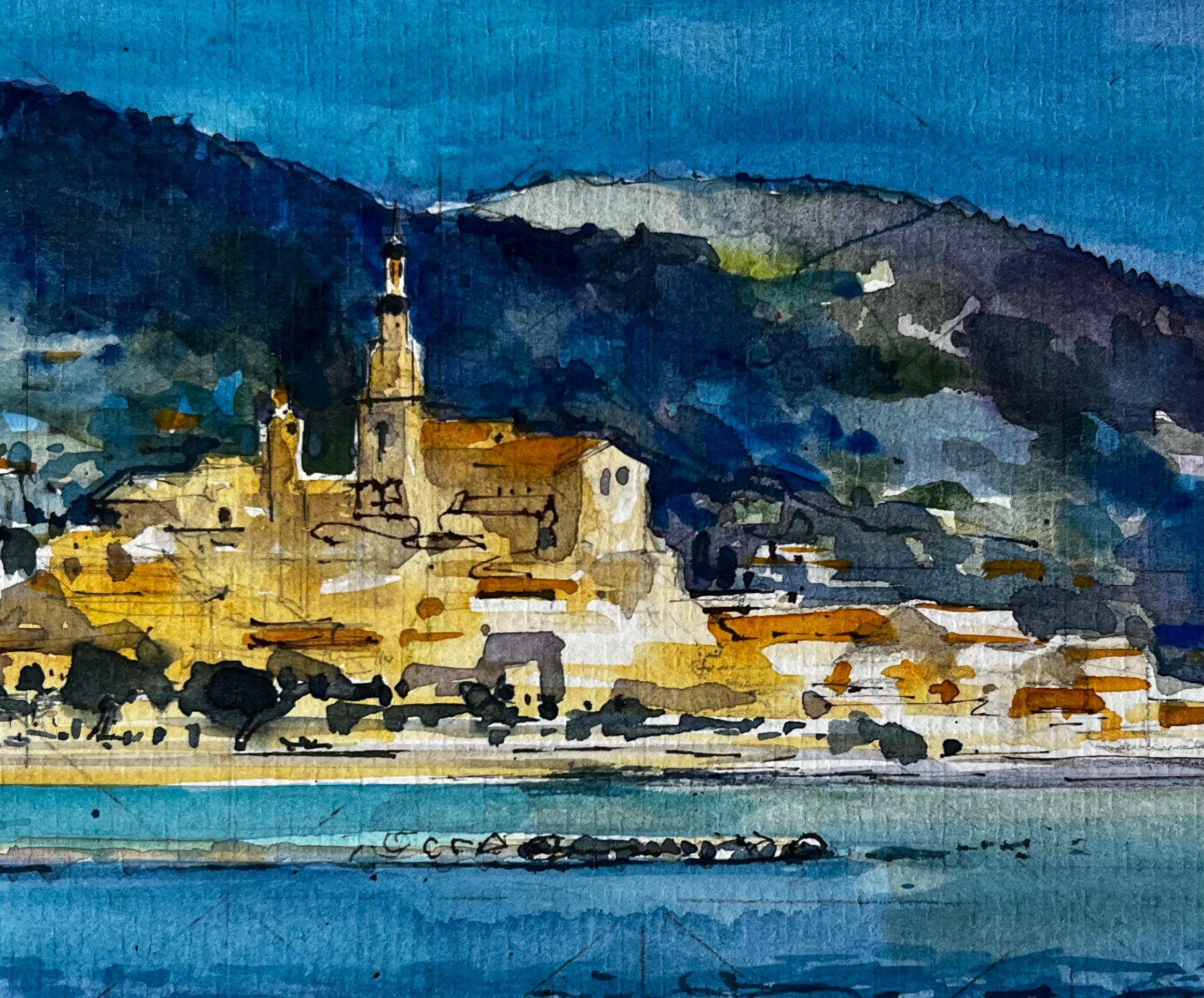 Paysage côtier de Menton avec le clocher de l'église et la mer Méditerranée Aquarelle en vente 2