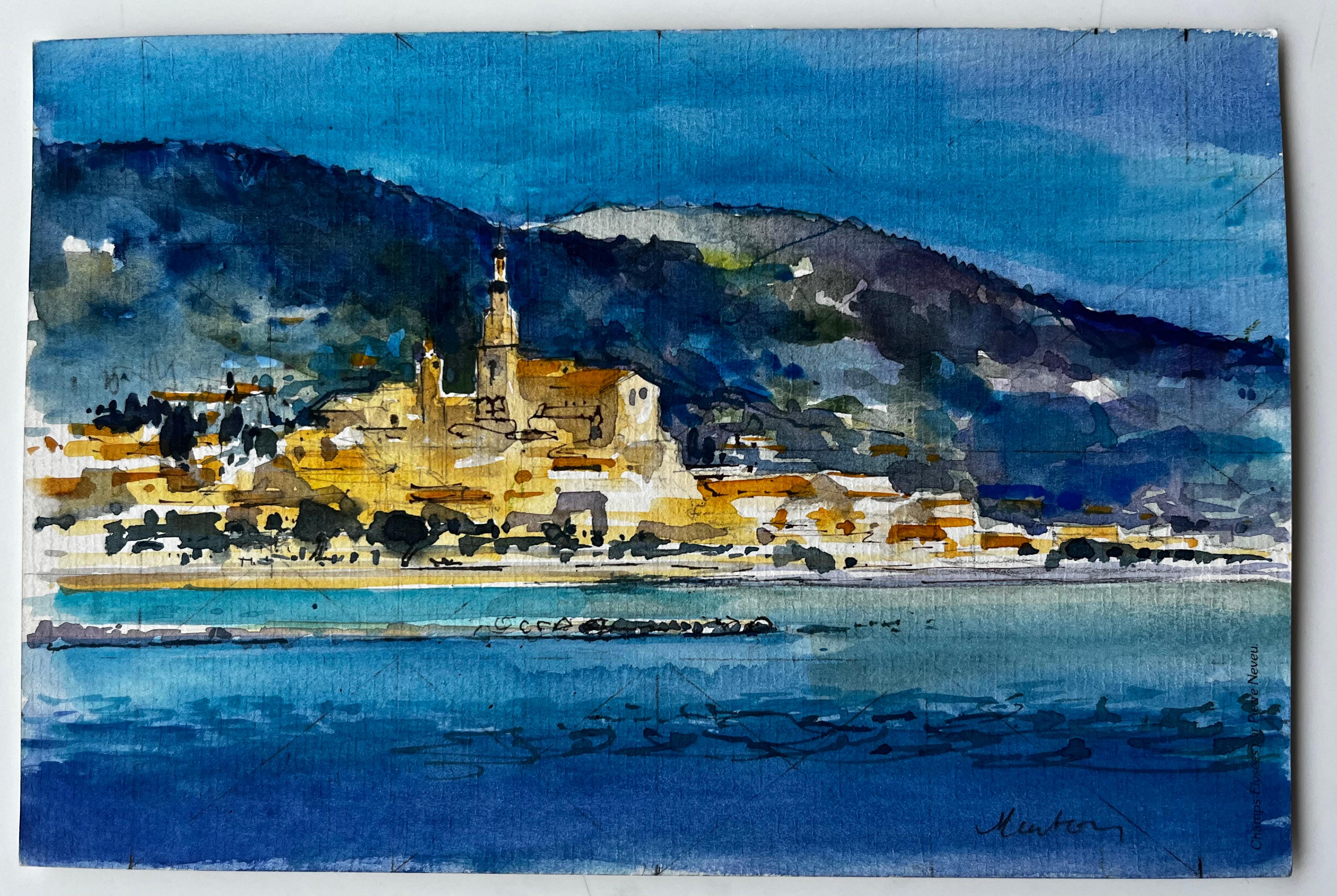Paysage côtier de Menton avec le clocher de l'église et la mer Méditerranée Aquarelle - Art de Pierre Neveu