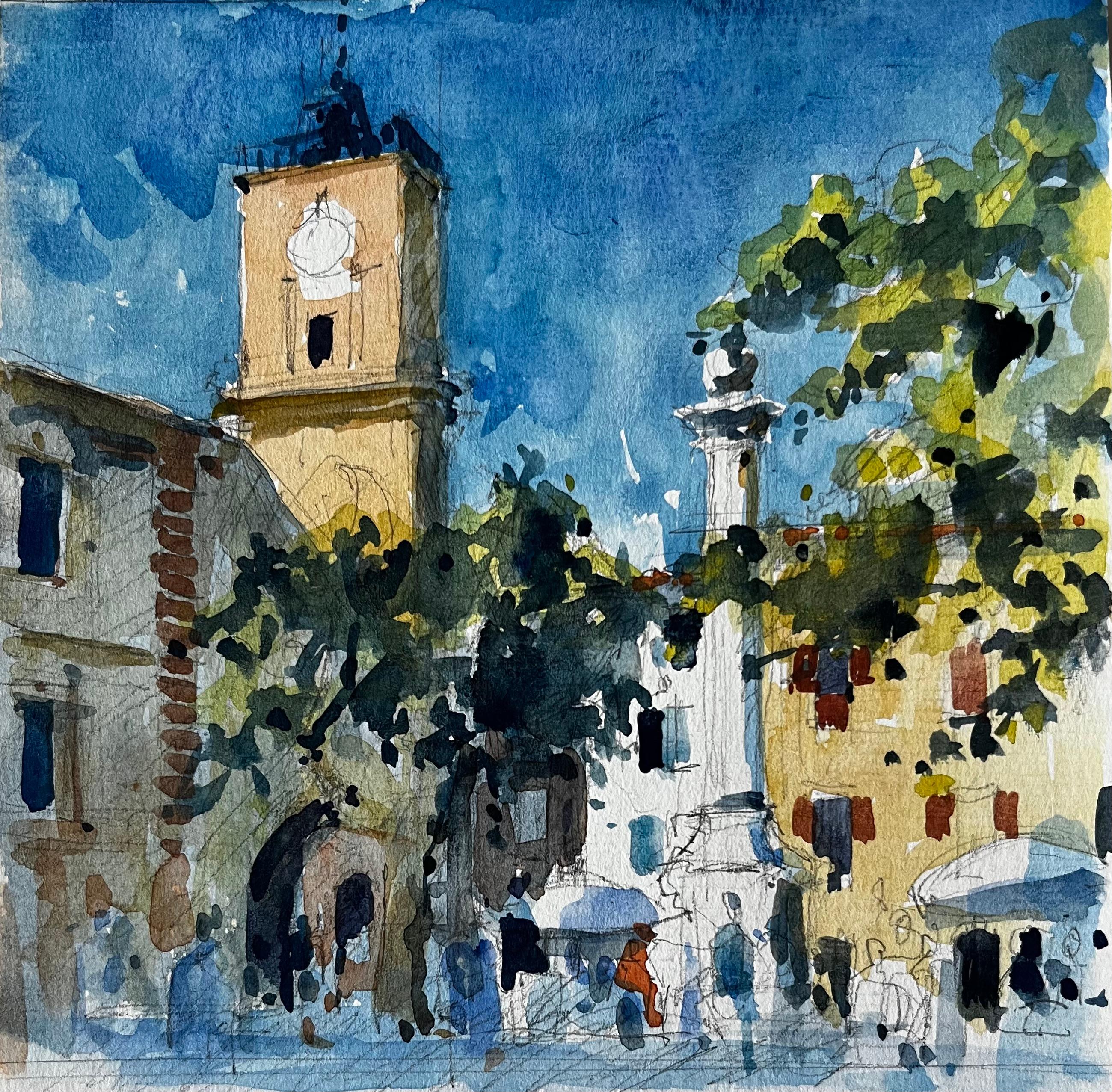 Stadtplatz von Aix en Provence mit Uhrenturm und Marktschirmen Aquarell