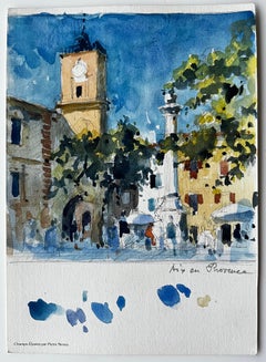 Plaza de Aix en Provence con Torre del Reloj y Paraguas de Mercado Acuarela