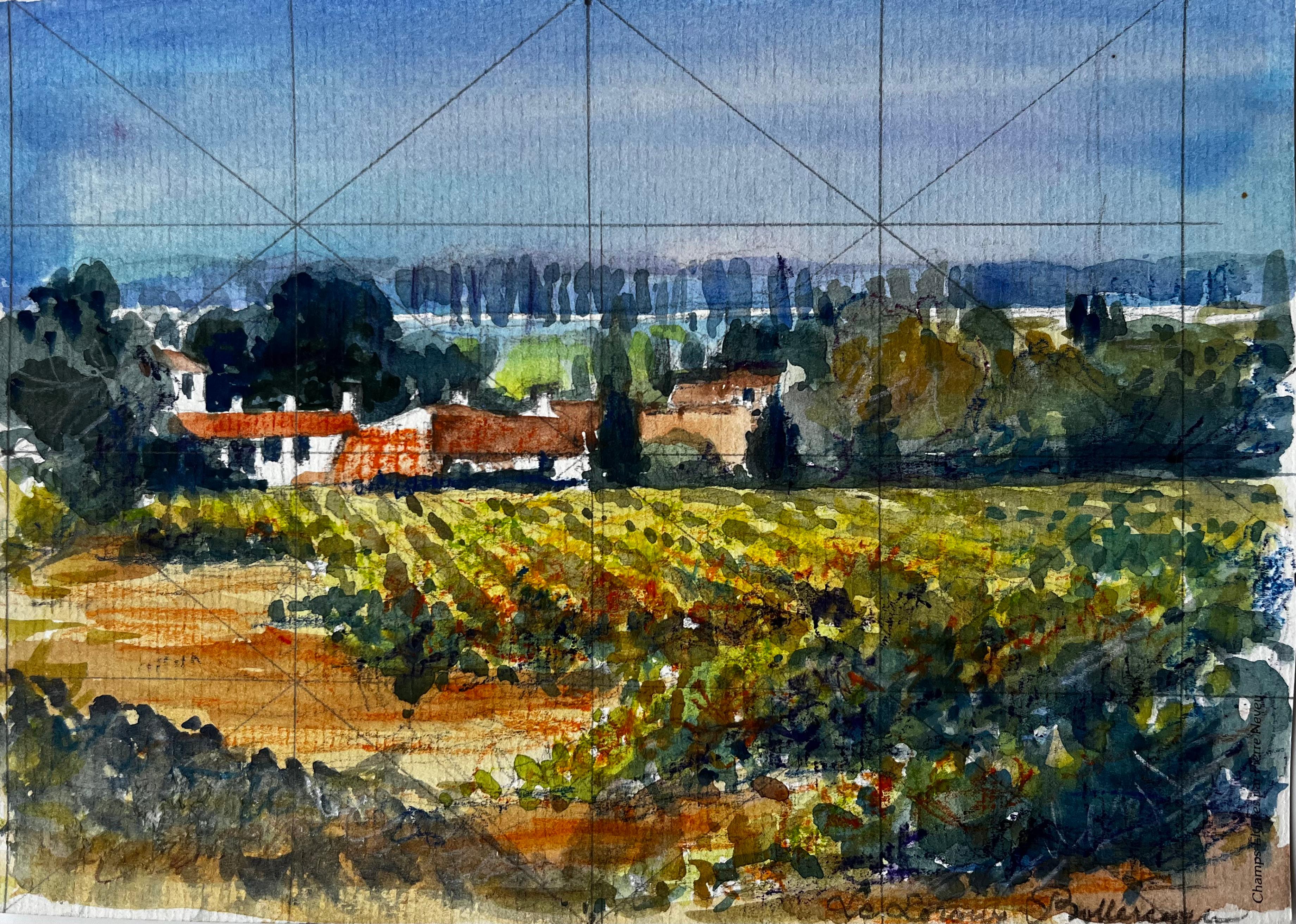 Landscape Painting di Pierre Neveu - Paesaggio di vigneti del Vaucluse con case coloniche in terracotta Acquerello francese