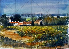 Vaucluse Vineyard Landscape with Terracotta Farmhouses French Watercolour