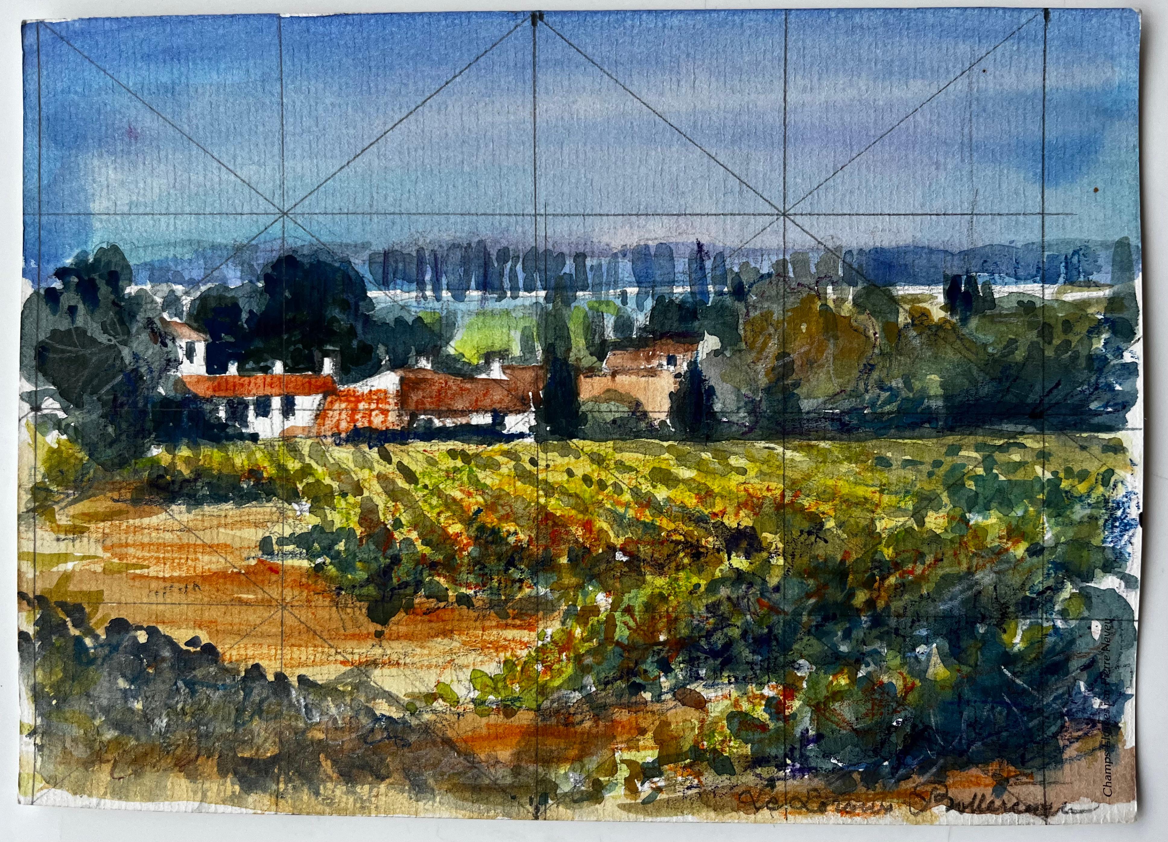 Paesaggio di vigneti del Vaucluse con case coloniche in terracotta Acquerello francese - Painting di Pierre Neveu