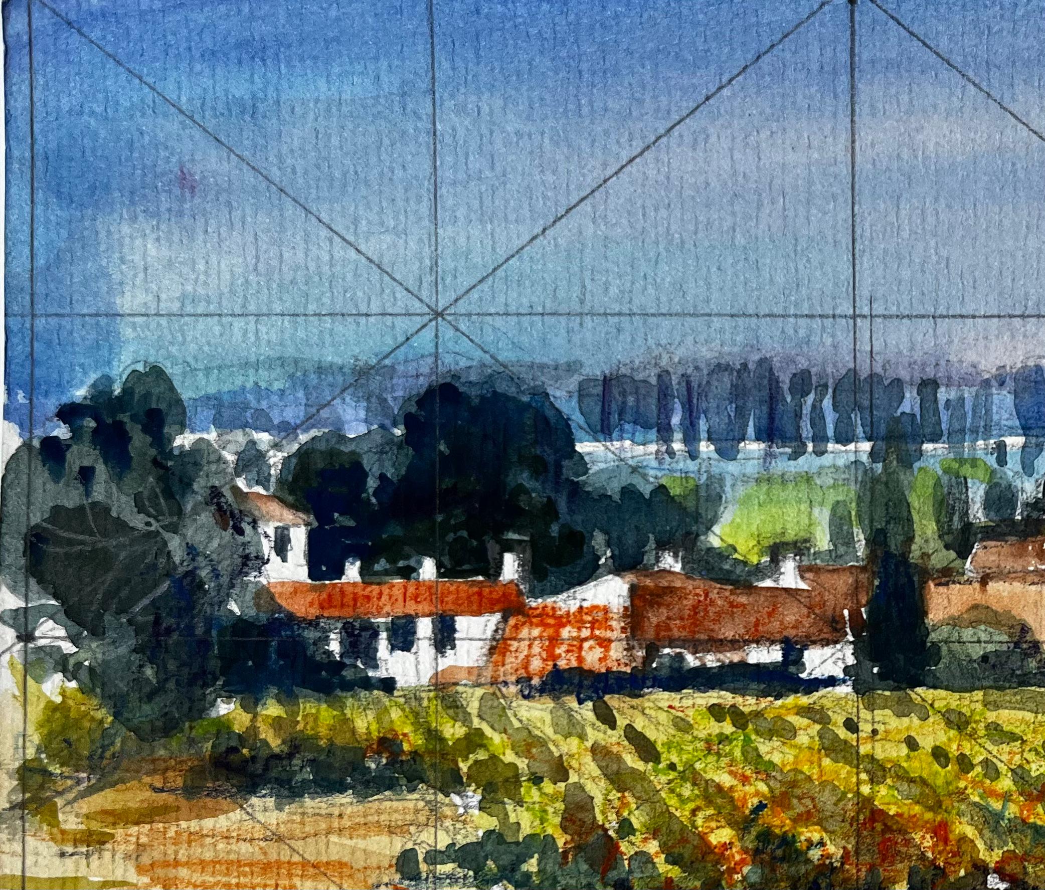 Paesaggio di vigneti del Vaucluse con case coloniche in terracotta Acquerello francese in vendita 1