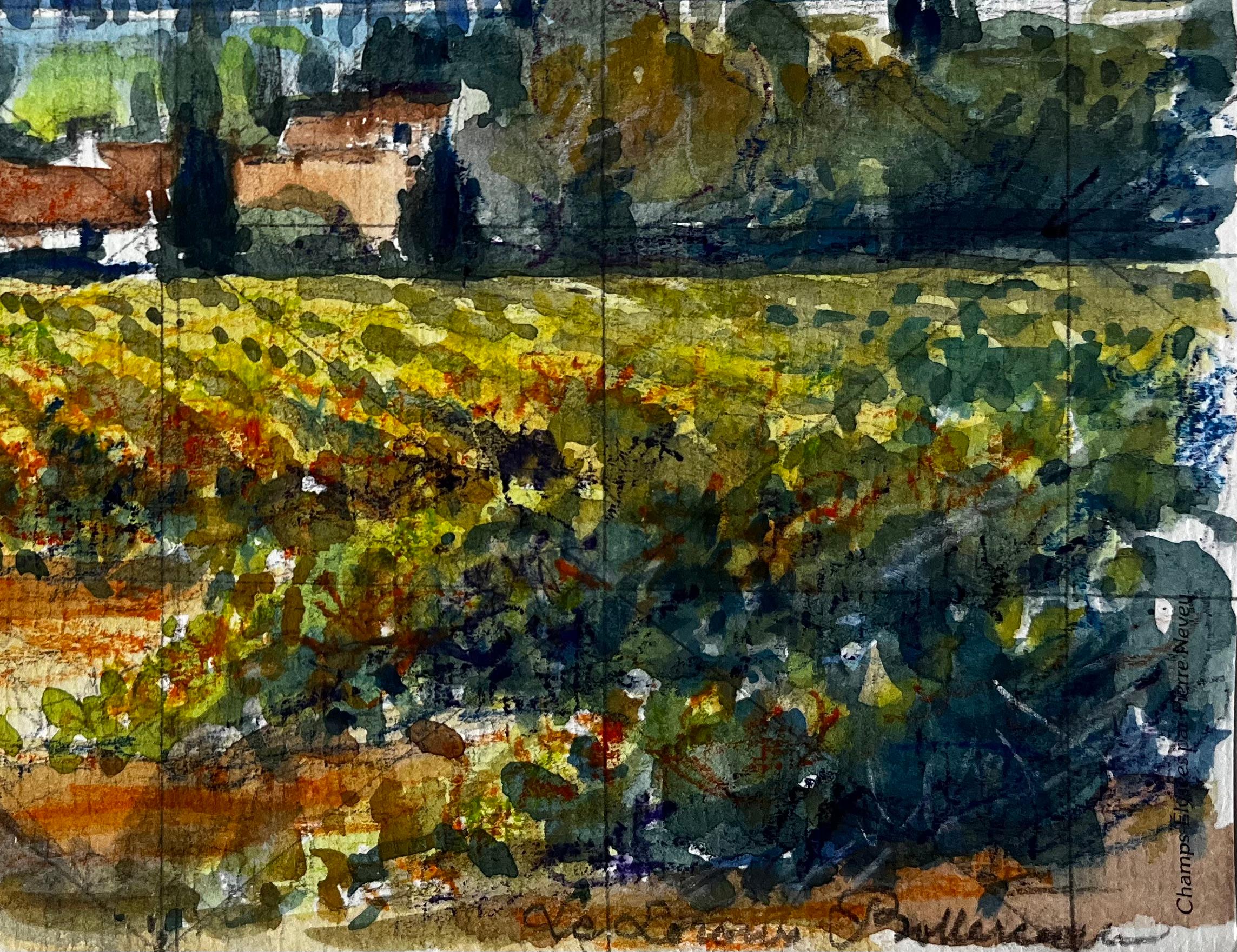 Paesaggio di vigneti del Vaucluse con case coloniche in terracotta Acquerello francese - Painting Postimpressionismo di Pierre Neveu
