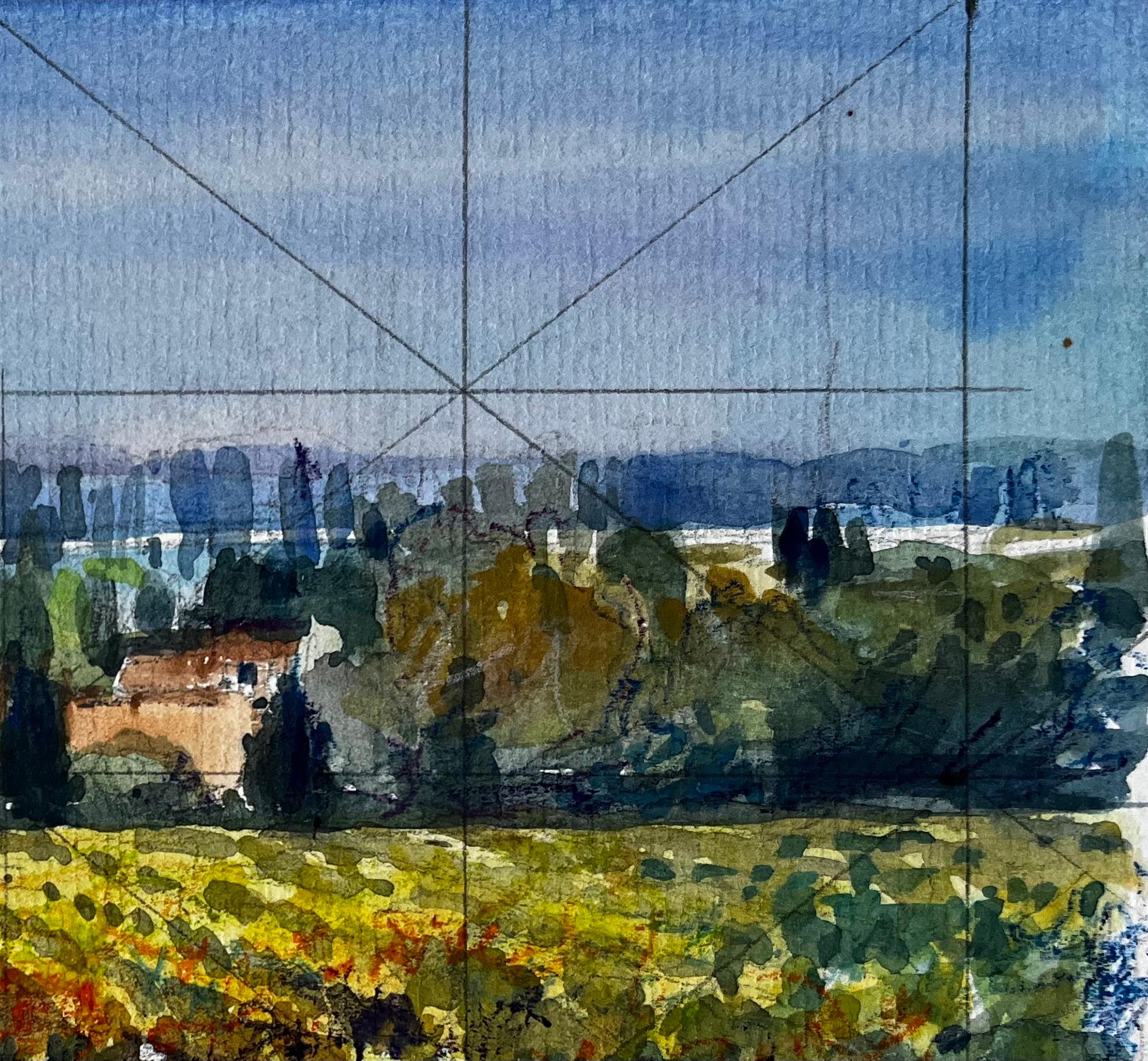 Paesaggio di vigneti del Vaucluse con case coloniche in terracotta Acquerello francese - Landscape Painting Grigio di Pierre Neveu