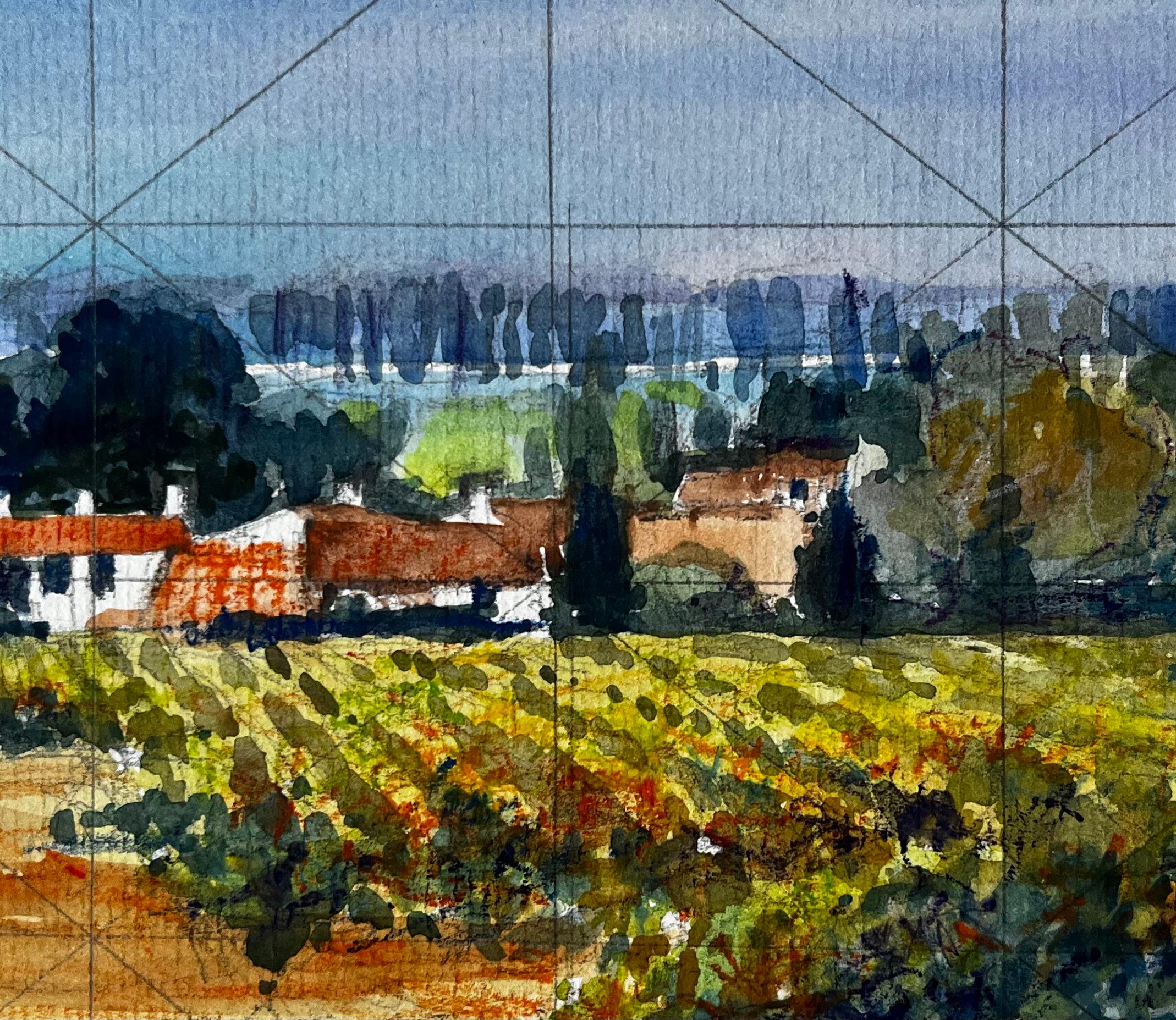 Paesaggio di vigneti del Vaucluse con case coloniche in terracotta Acquerello francese in vendita 2
