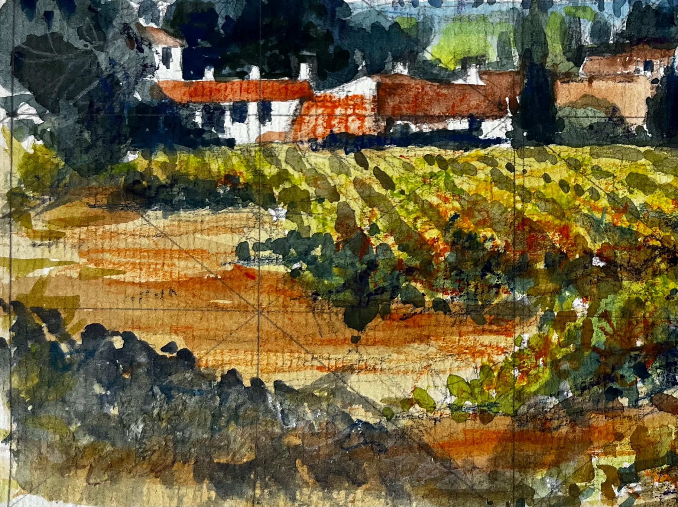 Titolo: Paesaggio di vigneti del Vaucluse con case coloniche in terracotta Acquerello francese
Artista: Pierre Neveu (francese, nato nel 1929)
Medium: Acquerello su carta da artisti, senza cornice
Dimensioni (H. x L): 6,25 x 8,75 pollici
Firmato: