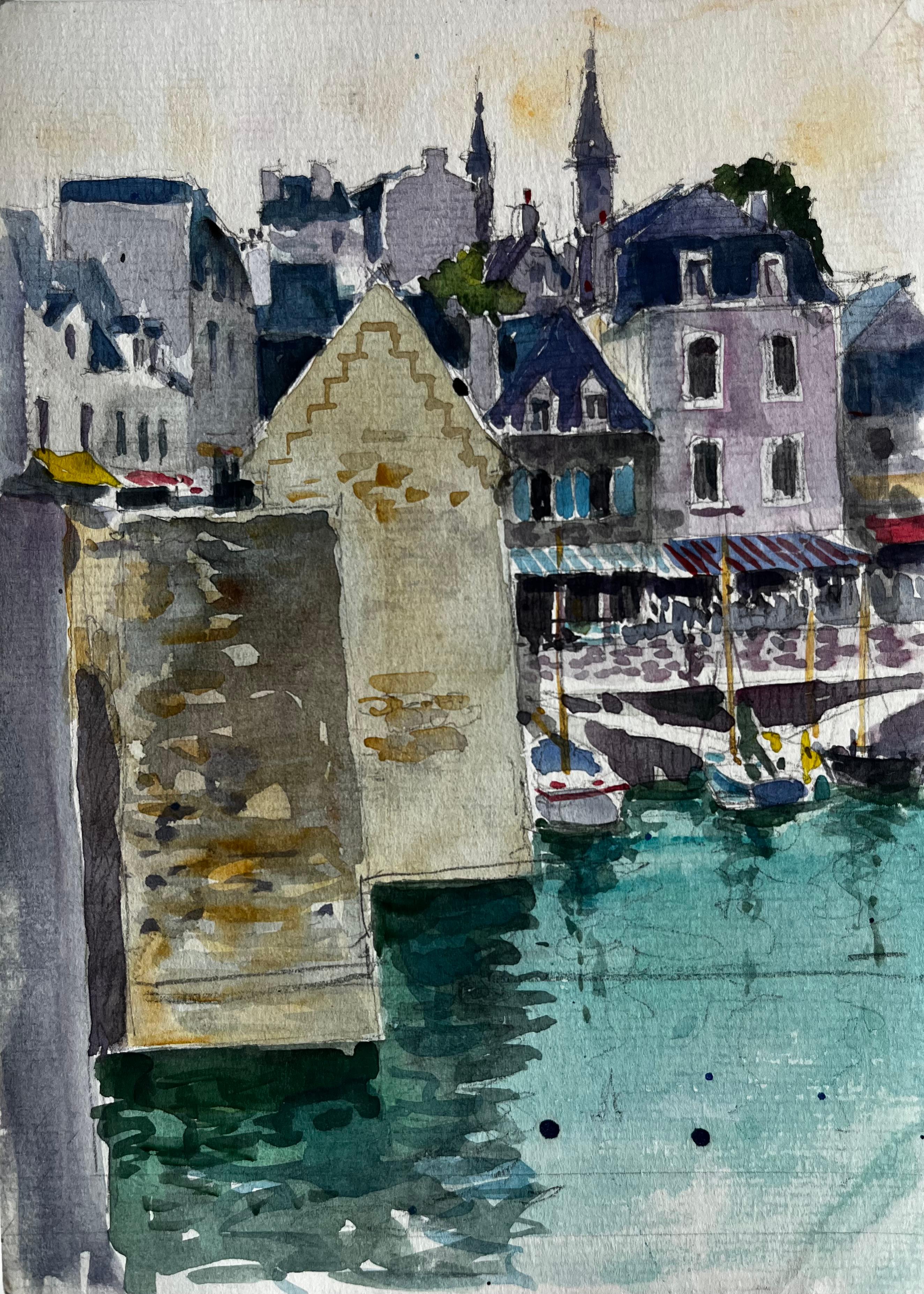 French Harbour Scene with Boats and Stone Buildings Brittany Coastal Watercolour