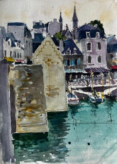 French Harbour Scene with Boats and Stone Buildings Brittany Coastal Watercolour