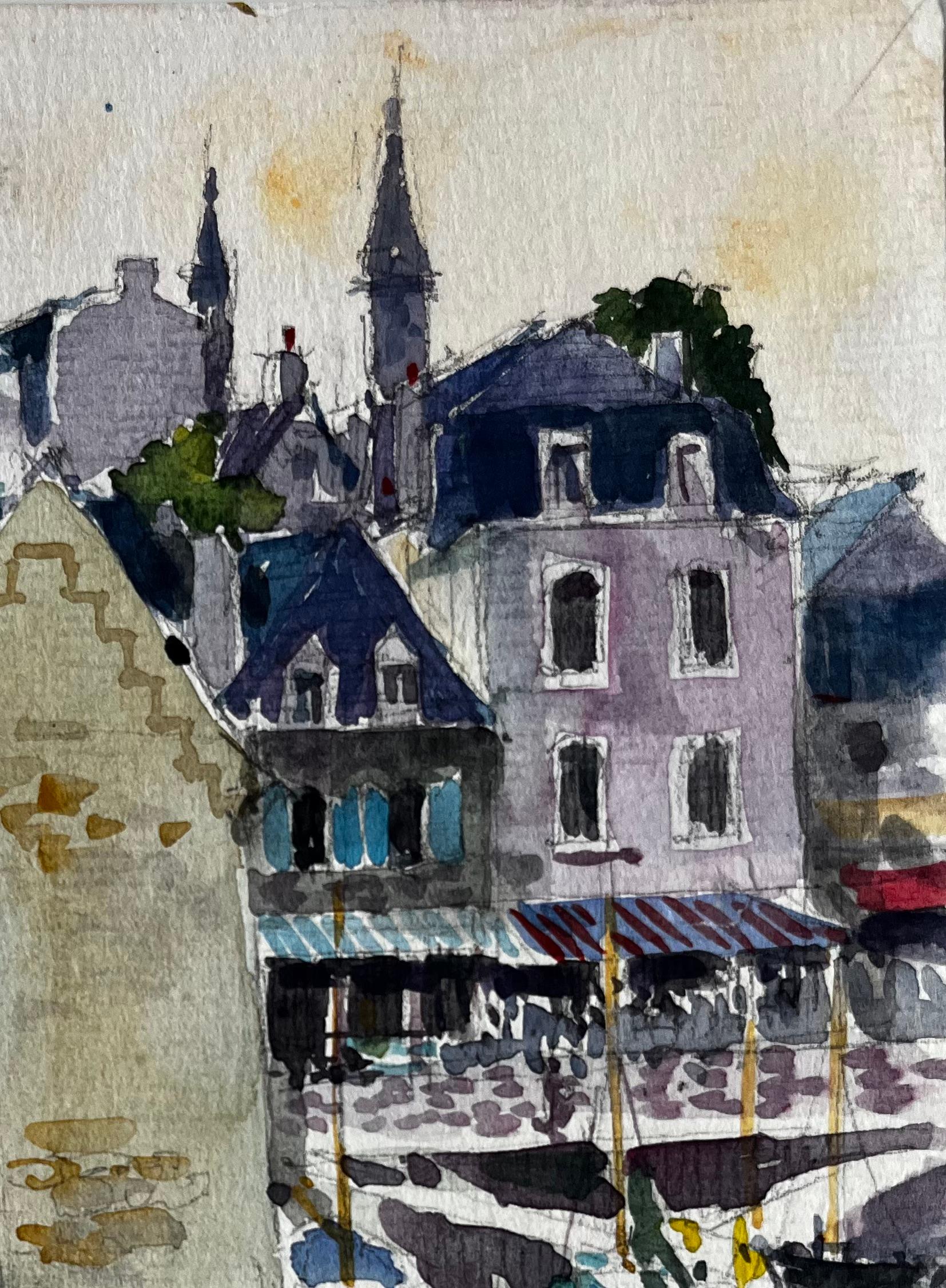 Scène portuaire française avec bateaux et bâtiments en pierre Aquarelle côtière bretonne - Post-impressionnisme Art par Pierre Neveu