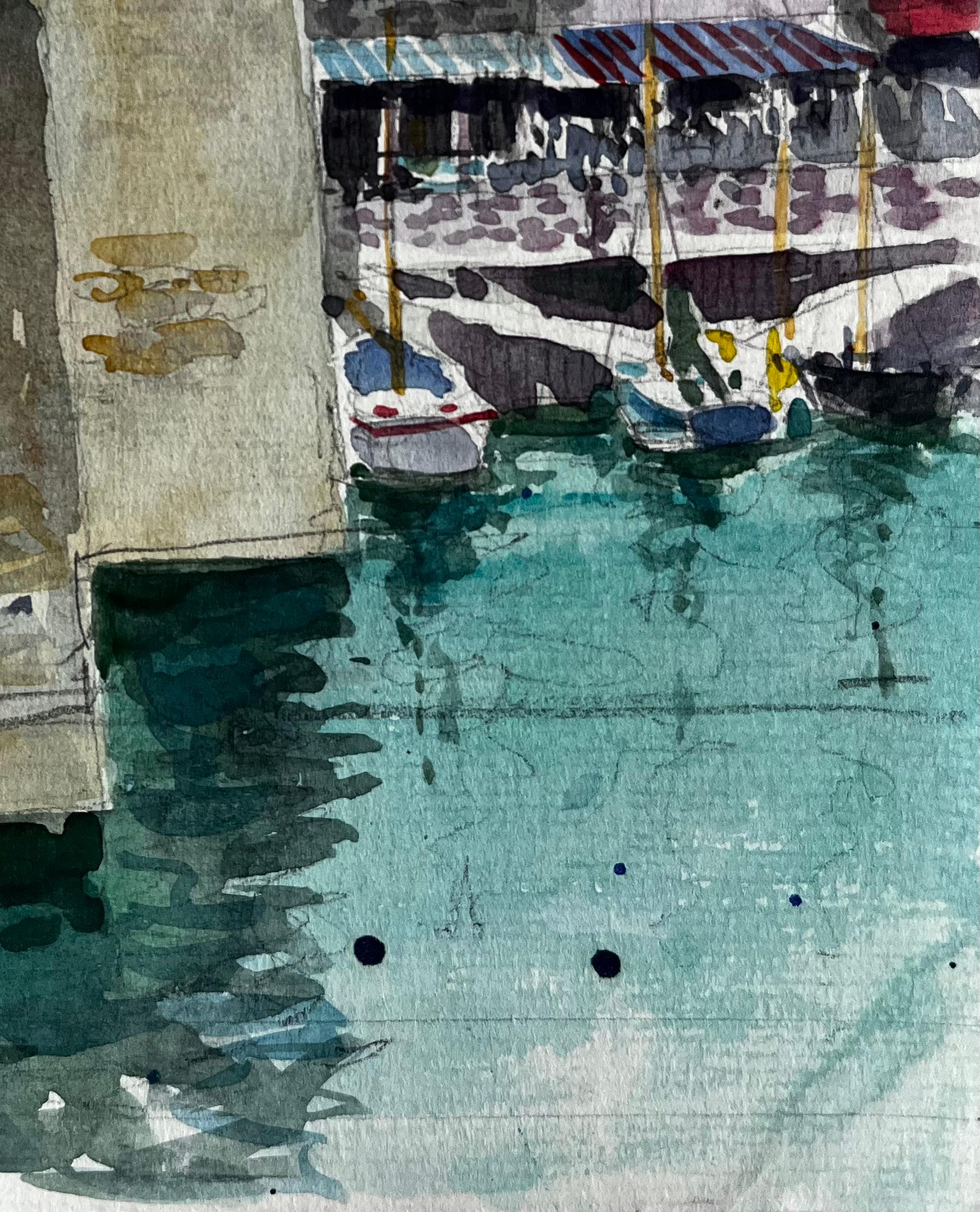 Titre : Scène de port français avec bateaux et bâtiments en pierre Aquarelle côtière bretonne
Artistics : Pierre Neveu (français né en 1929)
Moyen d'expression : Aquarelle sur papier d'artiste, non encadrée
Taille (H x L) : 8.5 x 6.25 pouces
Condit