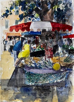 Scène de marché provençal à l'aquarelle avec auvents rouges et personnages dans la lumière d'été