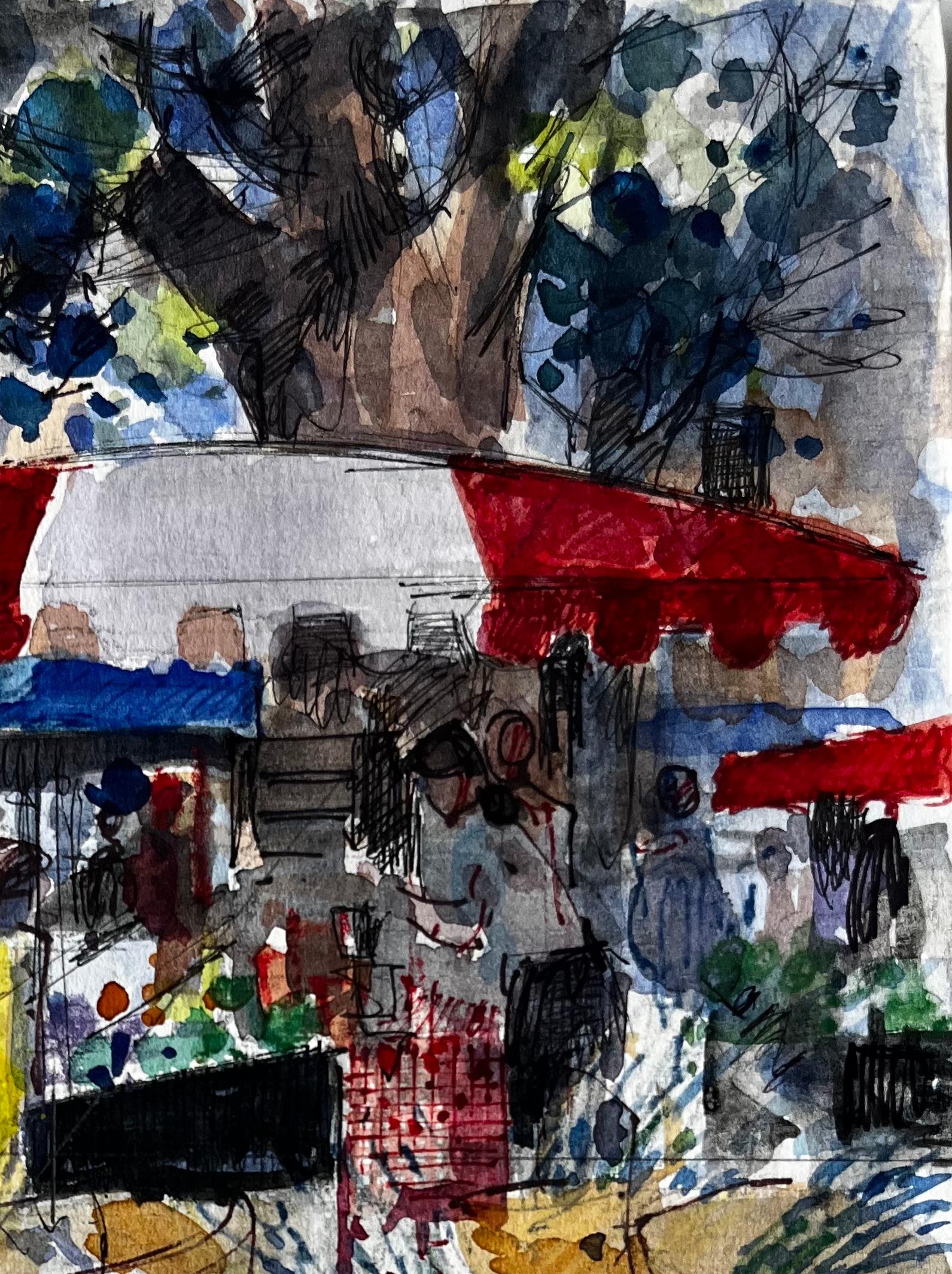 Scène de marché provençal à l'aquarelle avec auvents rouges et personnages dans la lumière d'été - Post-impressionnisme Painting par Pierre Neveu