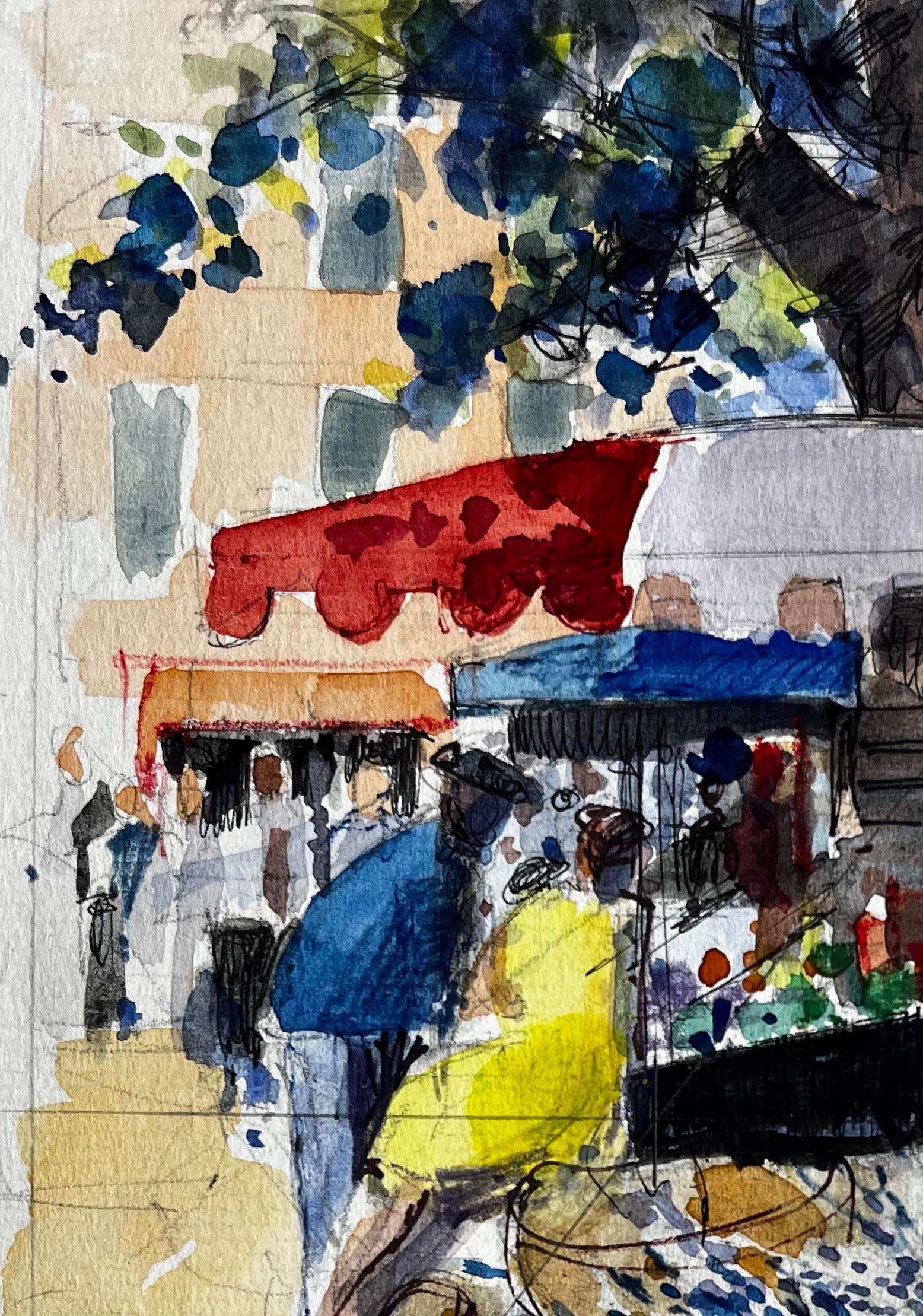 Scène de marché provençal à l'aquarelle avec auvents rouges et personnages dans la lumière d'été - Noir Landscape Painting par Pierre Neveu