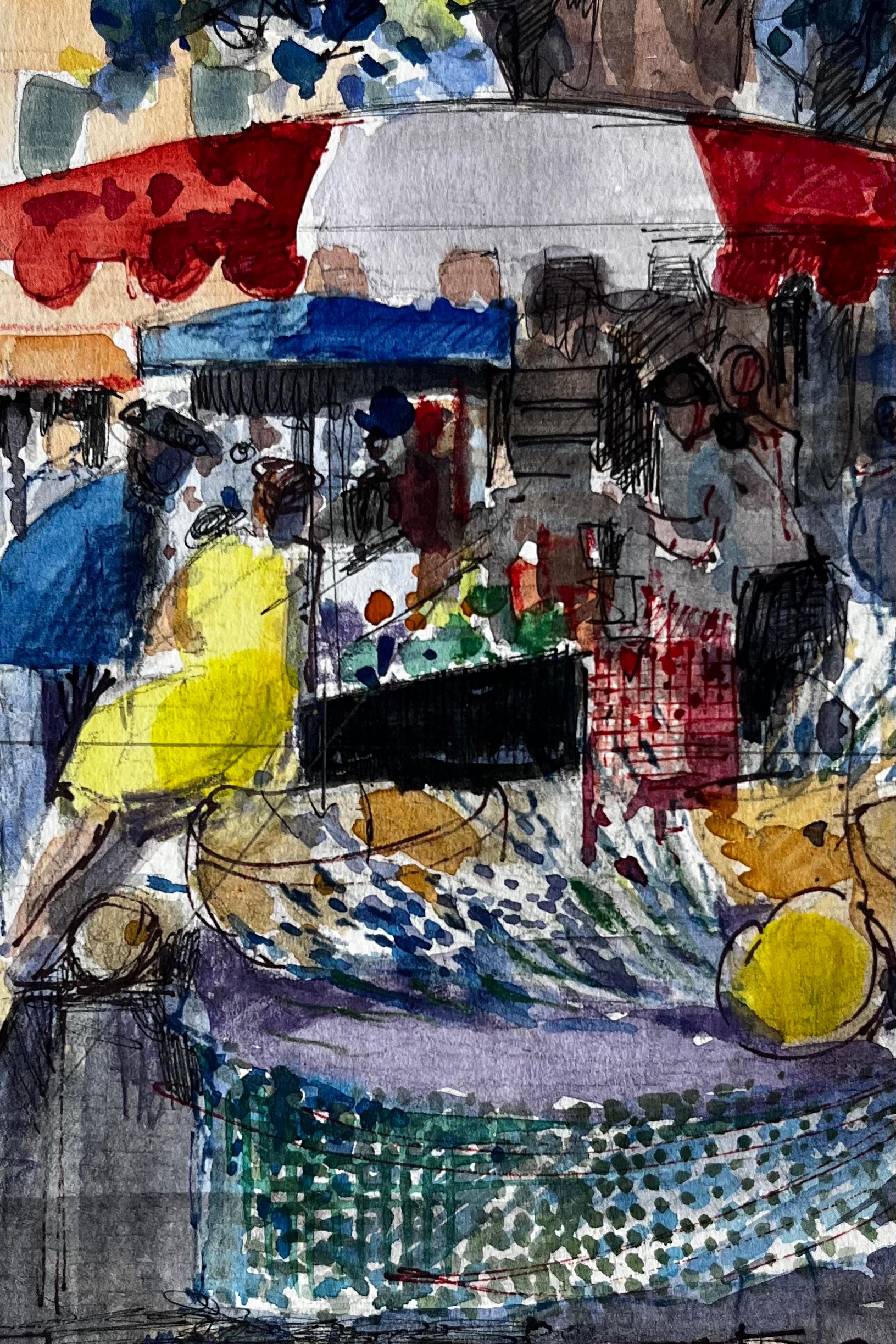 Scène de marché provençal à l'aquarelle avec auvents rouges et personnages dans la lumière d'été en vente 2