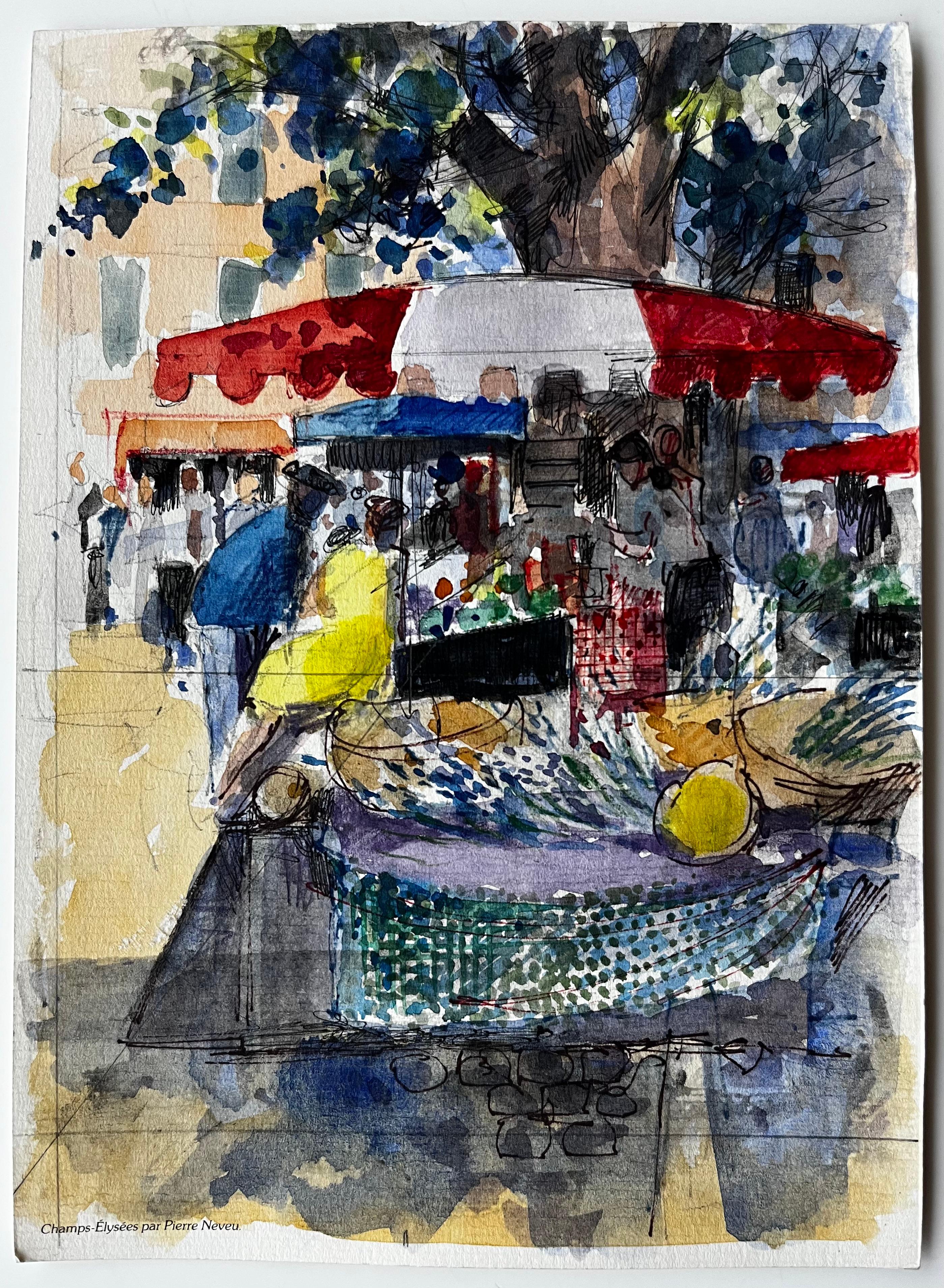 Scène de marché provençal à l'aquarelle avec auvents rouges et personnages dans la lumière d'été - Painting de Pierre Neveu