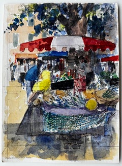 Provençal Market Watercolour Scene with Red Awnings and Figures in Summer Light