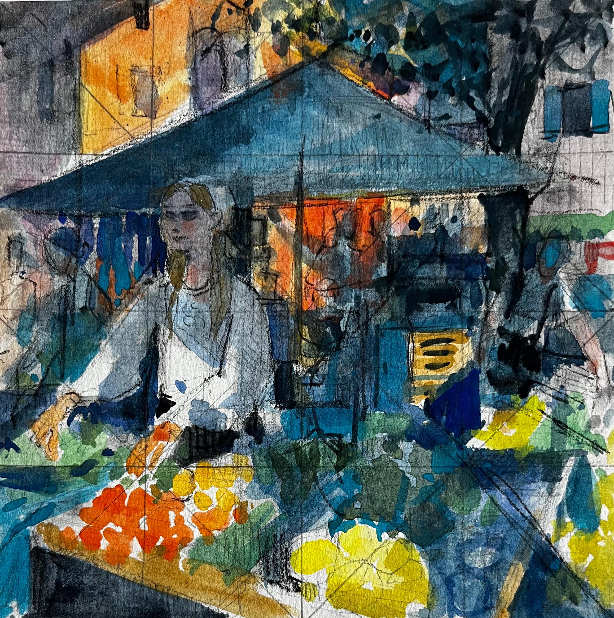 French Market Stall with Woman Vendor and Colourful Produce Provence Watercolour