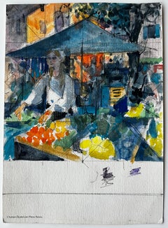 Marché français avec vendeuse et produits colorés Provence Aquarelle