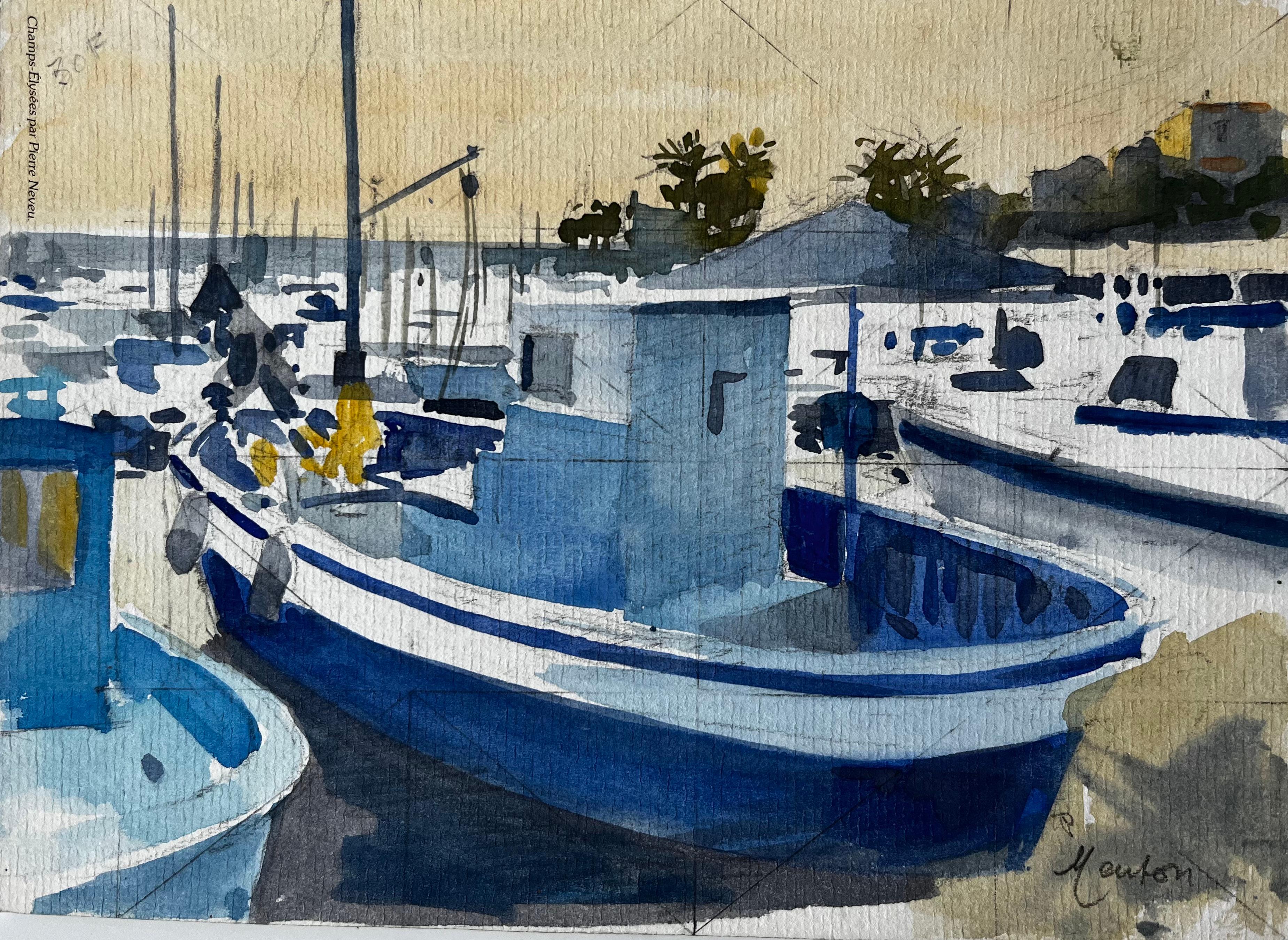Menton Harbour Scene with Blue Fishing Boats under Morning Light Watercolour